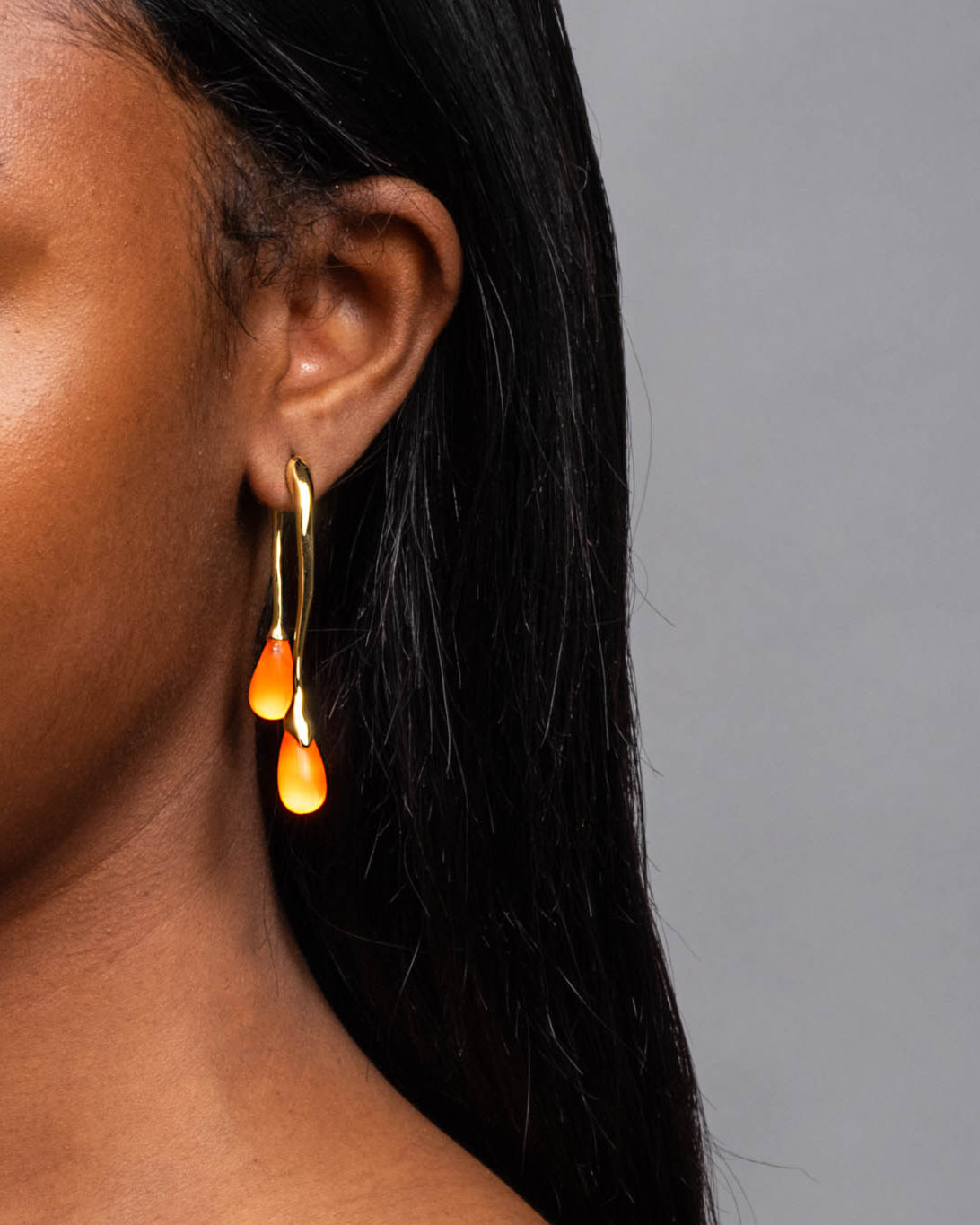 Lucite Gold Front Back Double Drop Earring- Neon Orange - Photo 2