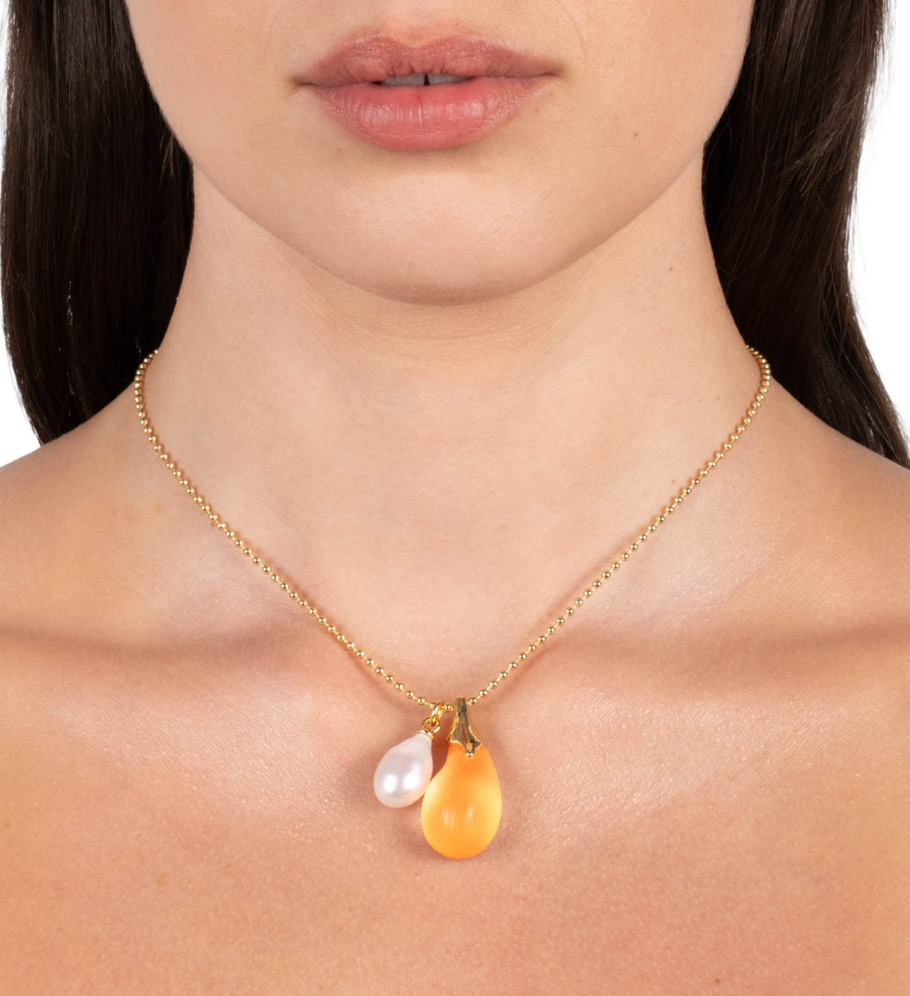 Lucite Teardrop Freshwater Pearl Pendant Necklace- Neon Orange - Photo 2