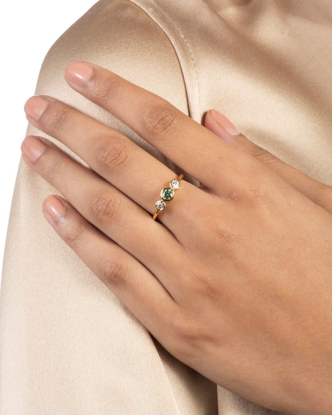 Molten Vermeil Triple Stone Ring- Emerald + White Moissanite - Photo 2