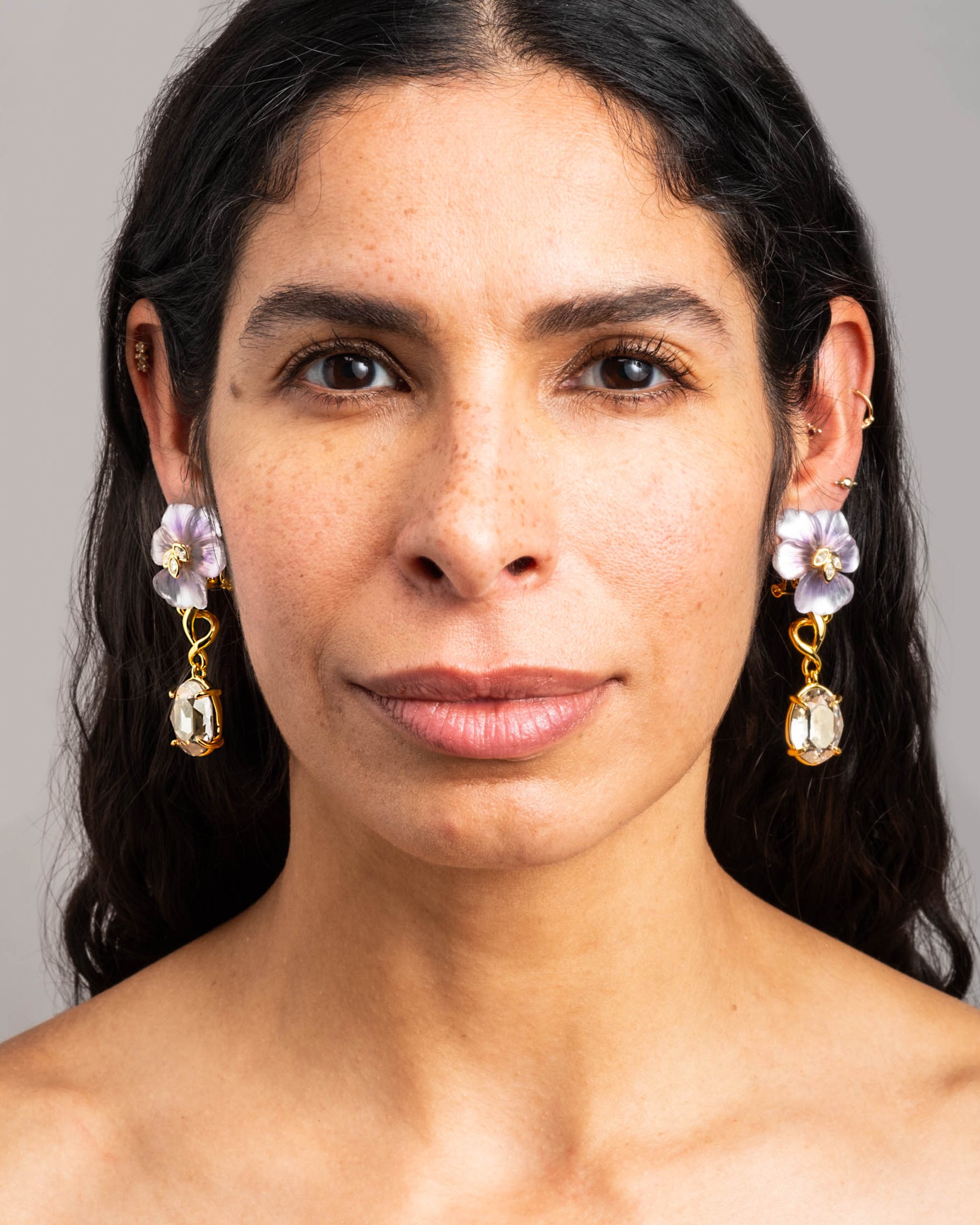 Pansy Lucite Crystal Drop Post Earring- Midnight Pansy