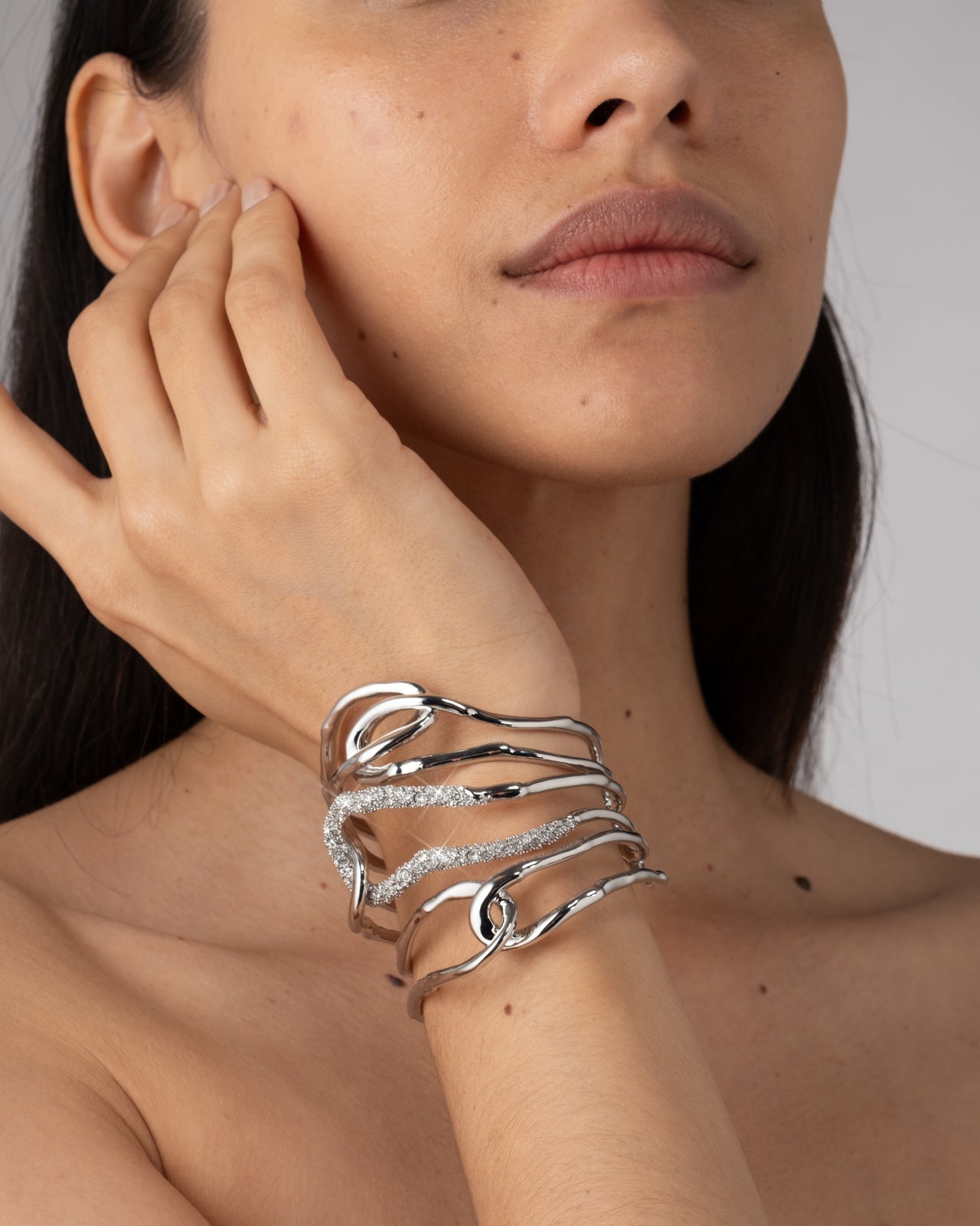 Solanales Silver Crystal Interlocked Cuff Bracelet