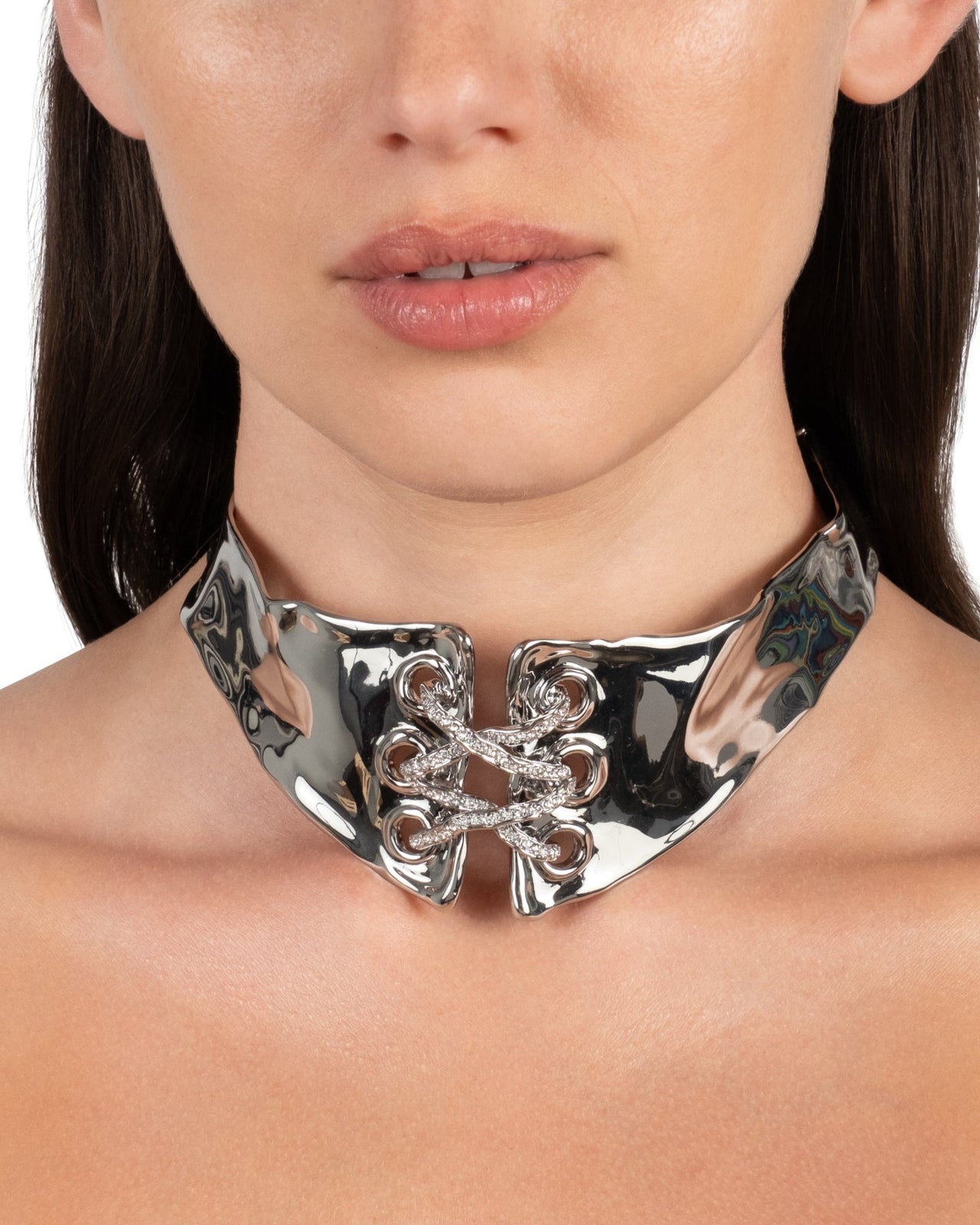 Solanales Silver Crystal Lace Up Collar Necklace - Photo 2