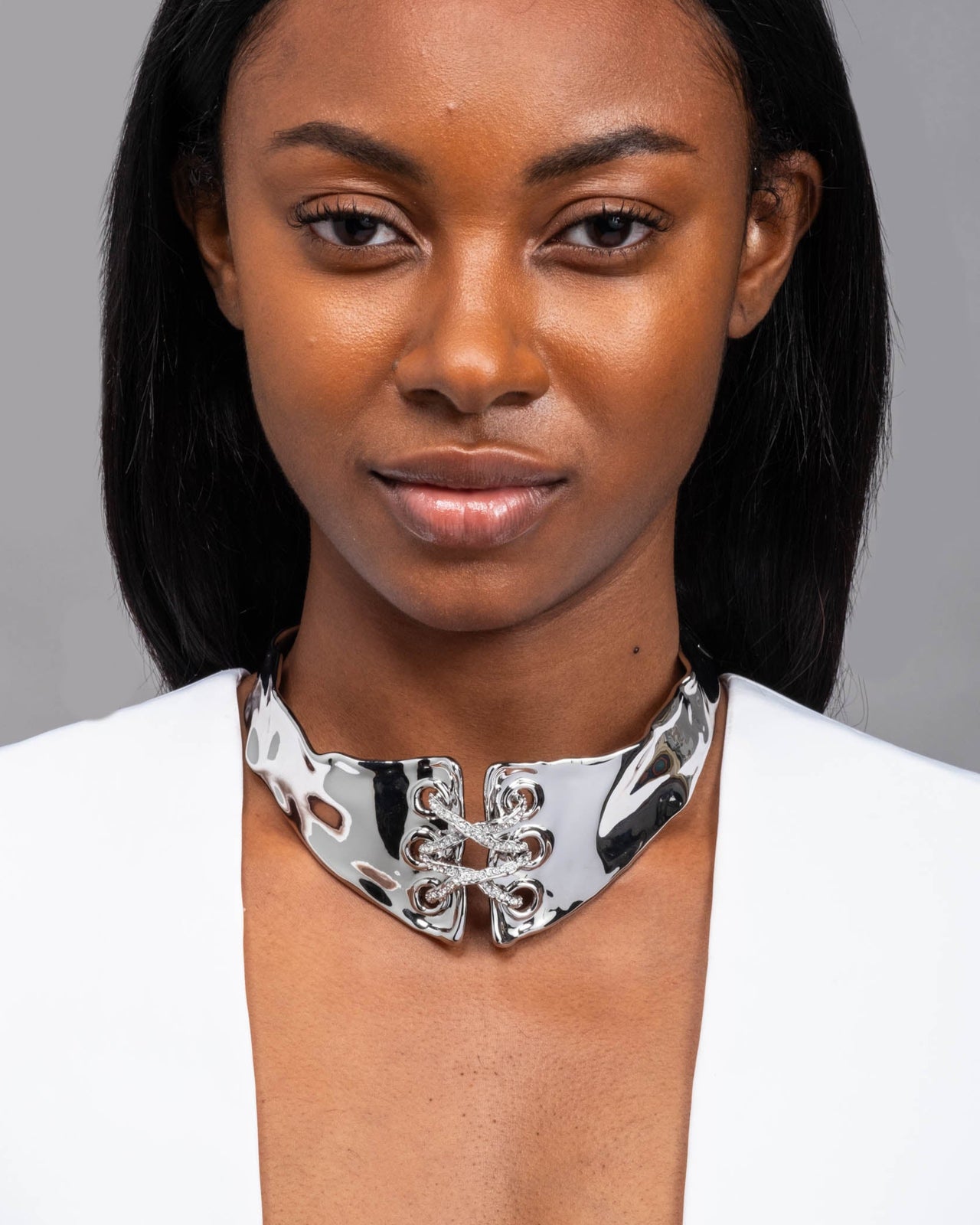 Solanales Silver Crystal Lace Up Collar Necklace - Photo 2