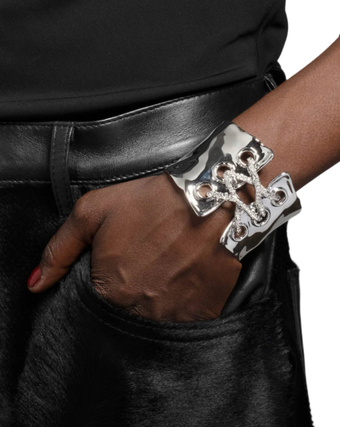Solanales Silver Crystal Lace Up Cuff Bracelet