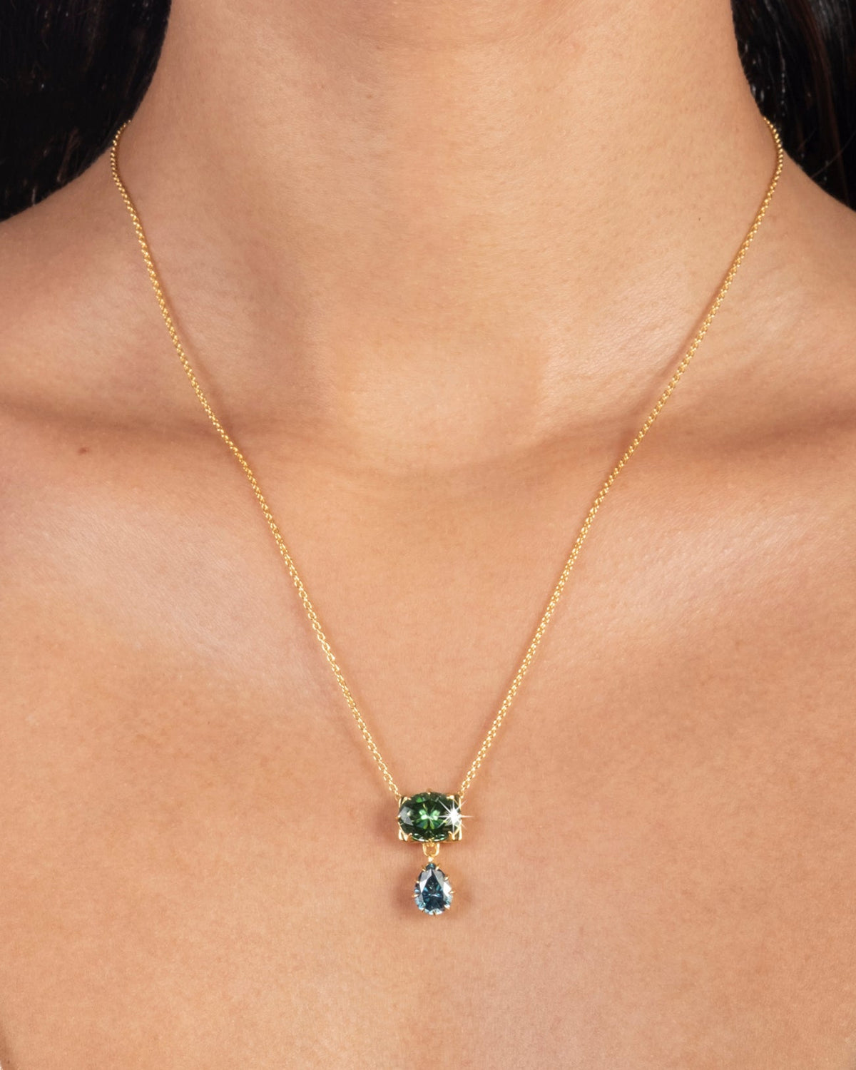 Solaris Vermeil Double Drop Pendant Necklace- Emerald + Sapphire Moissanite - Photo 2