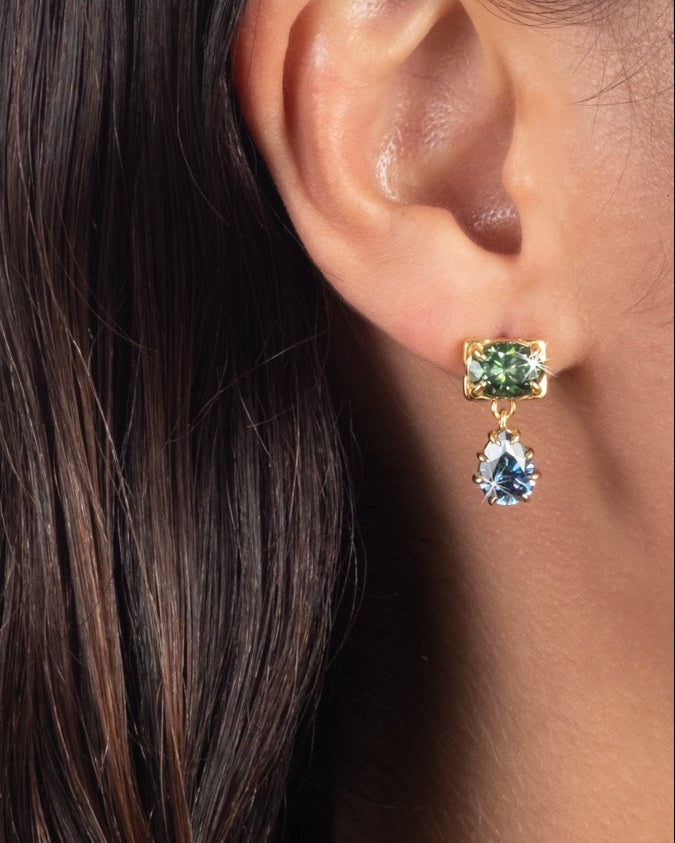 Solaris Vermeil Pear Drop Earring- Emerald + Sapphire Moissanite - Photo 2