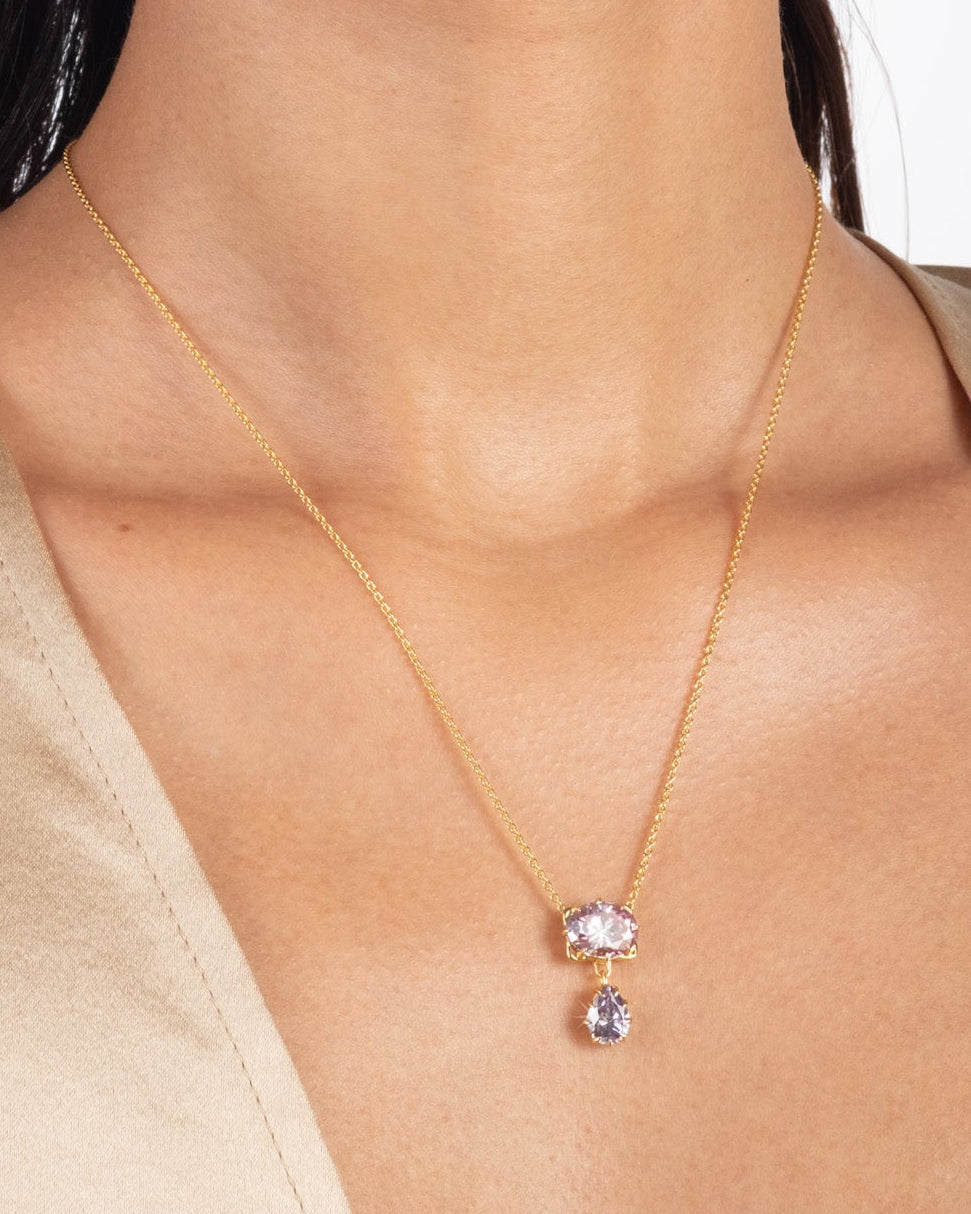Solaris Vermeil Double Drop Pendant Necklace- Lotus + Amethyst Moissanite - Photo 2