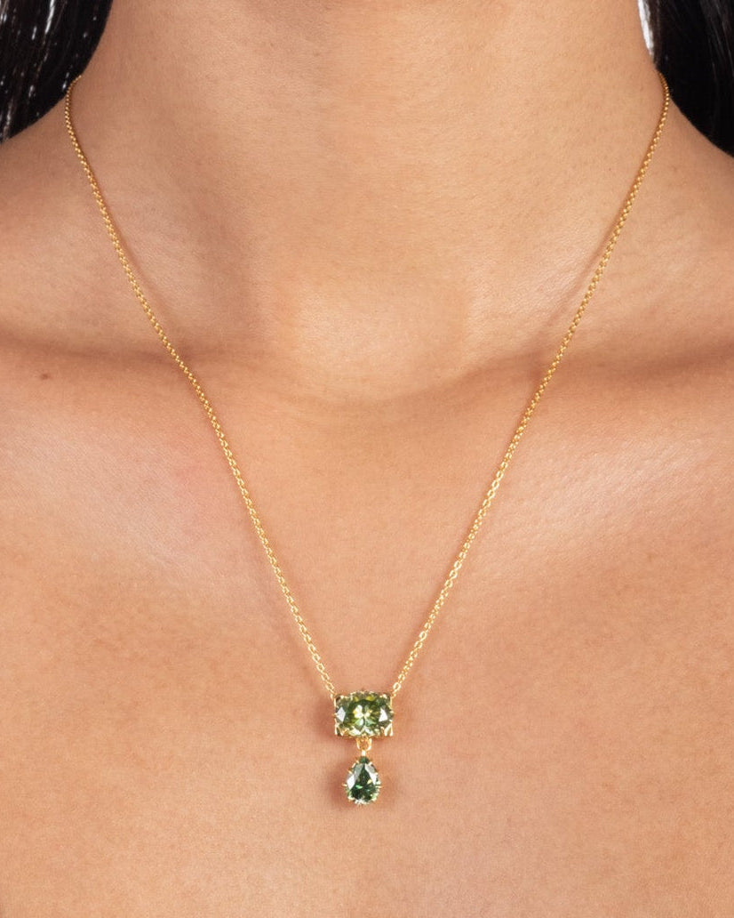 Solaris Vermeil Double Drop Pendant Necklace- Peridot + Emerald Moissanite - Photo 2