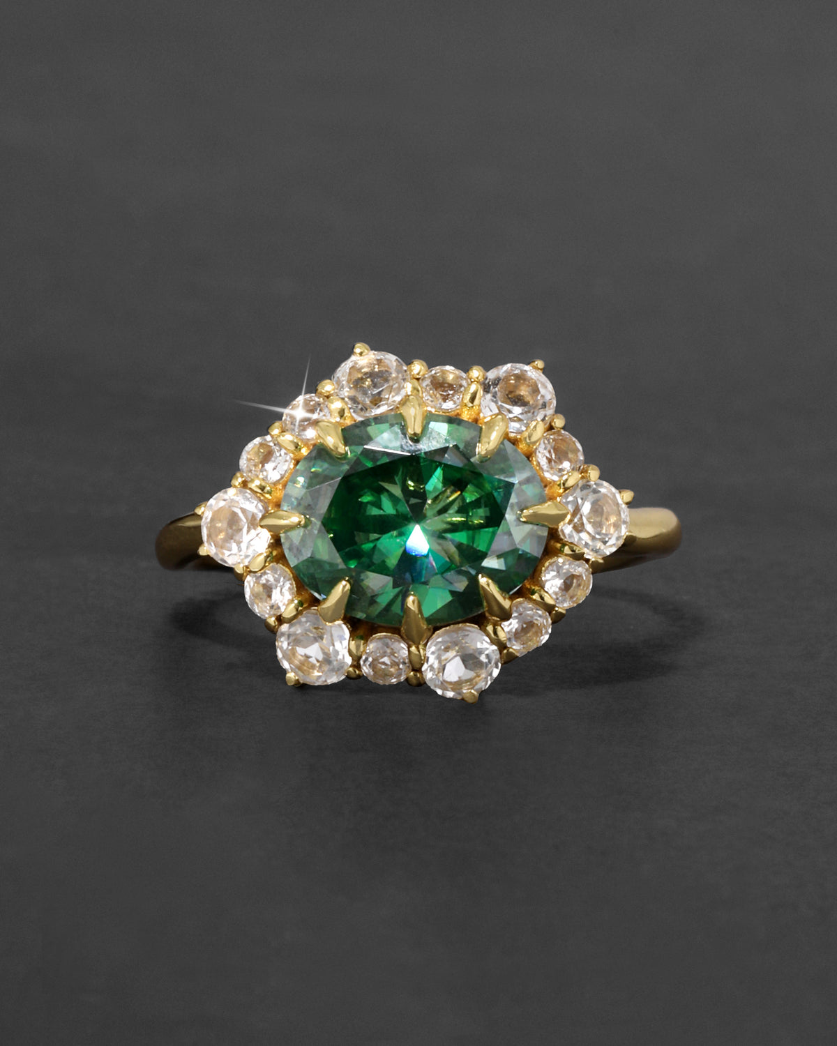 Vermeil Gold Emerald Moissanite + White Topaz Oval Halo Ring