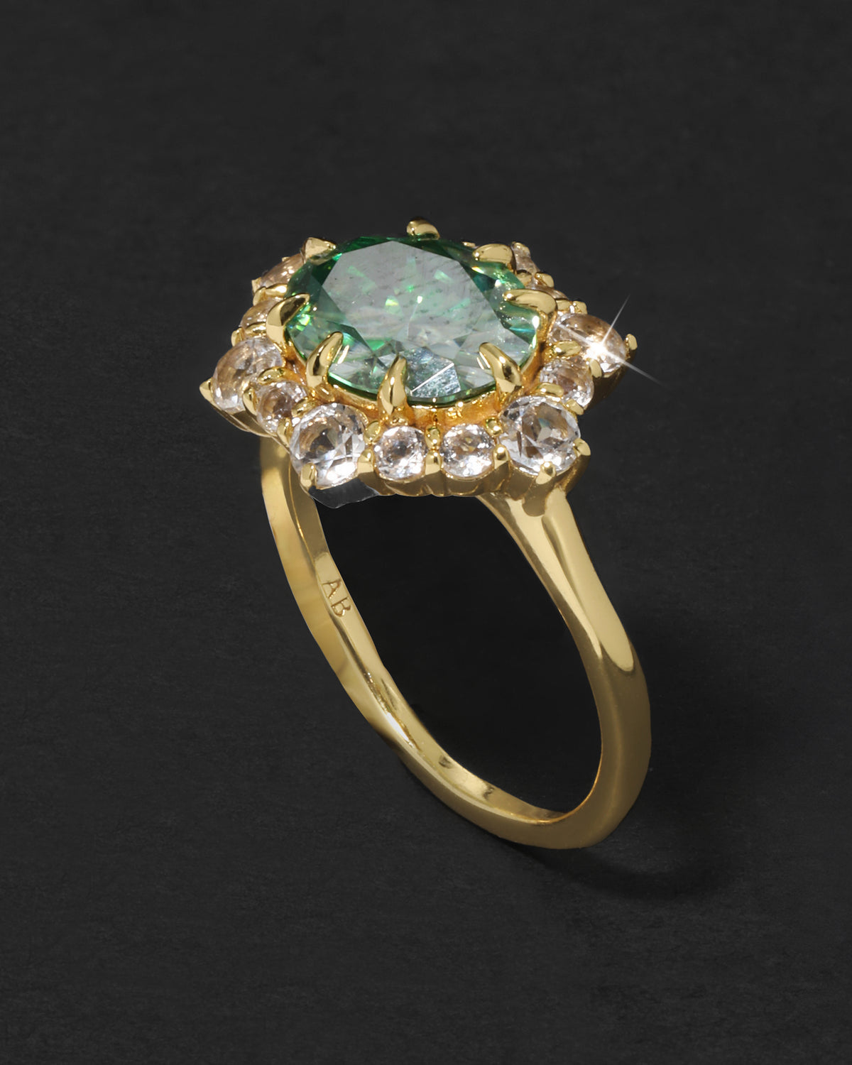 Vermeil Gold Emerald Moissanite + White Topaz Oval Halo Ring