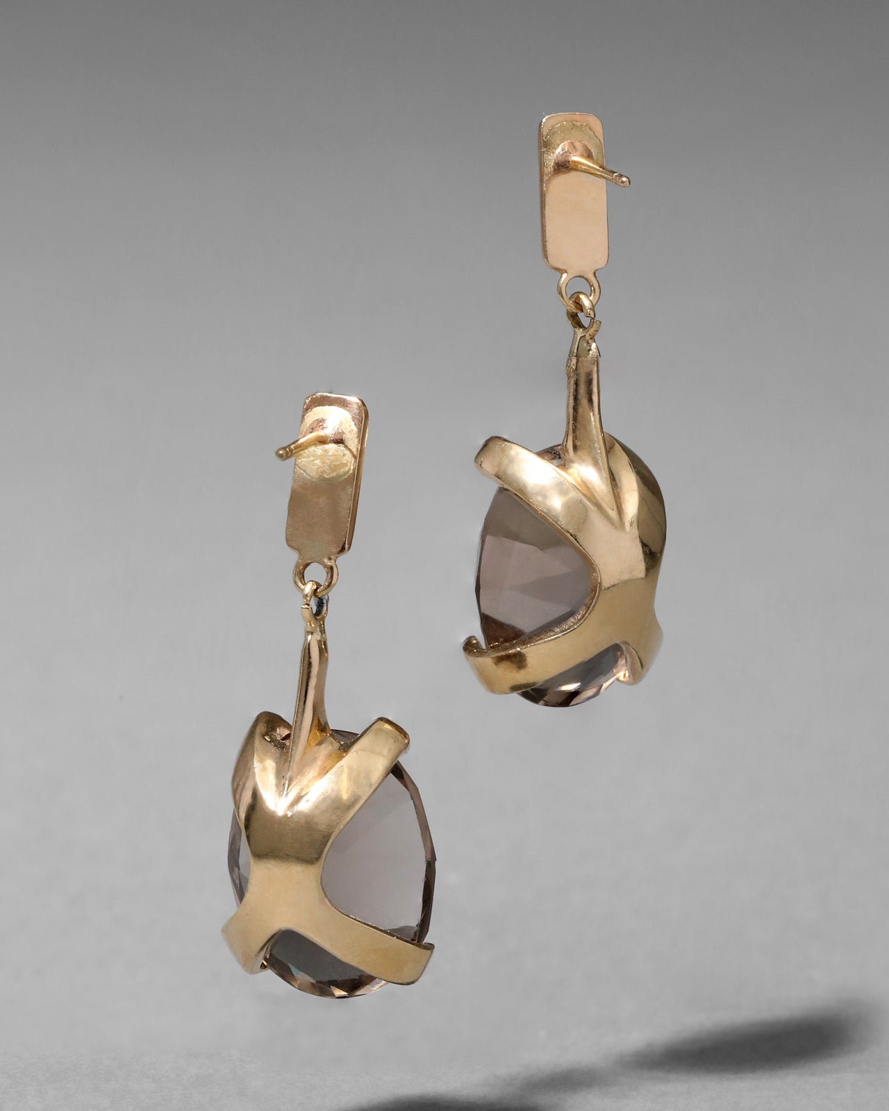 Vintage 1970s 14k Gold with Custom Cut Smoky Quartz Drop Earring - Photo 2