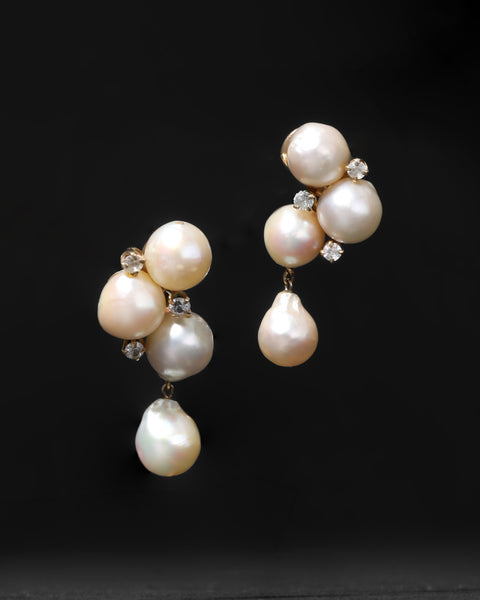 Vintage 1950s 14k Gold Pearl and Diamond Cluster Clip Earring