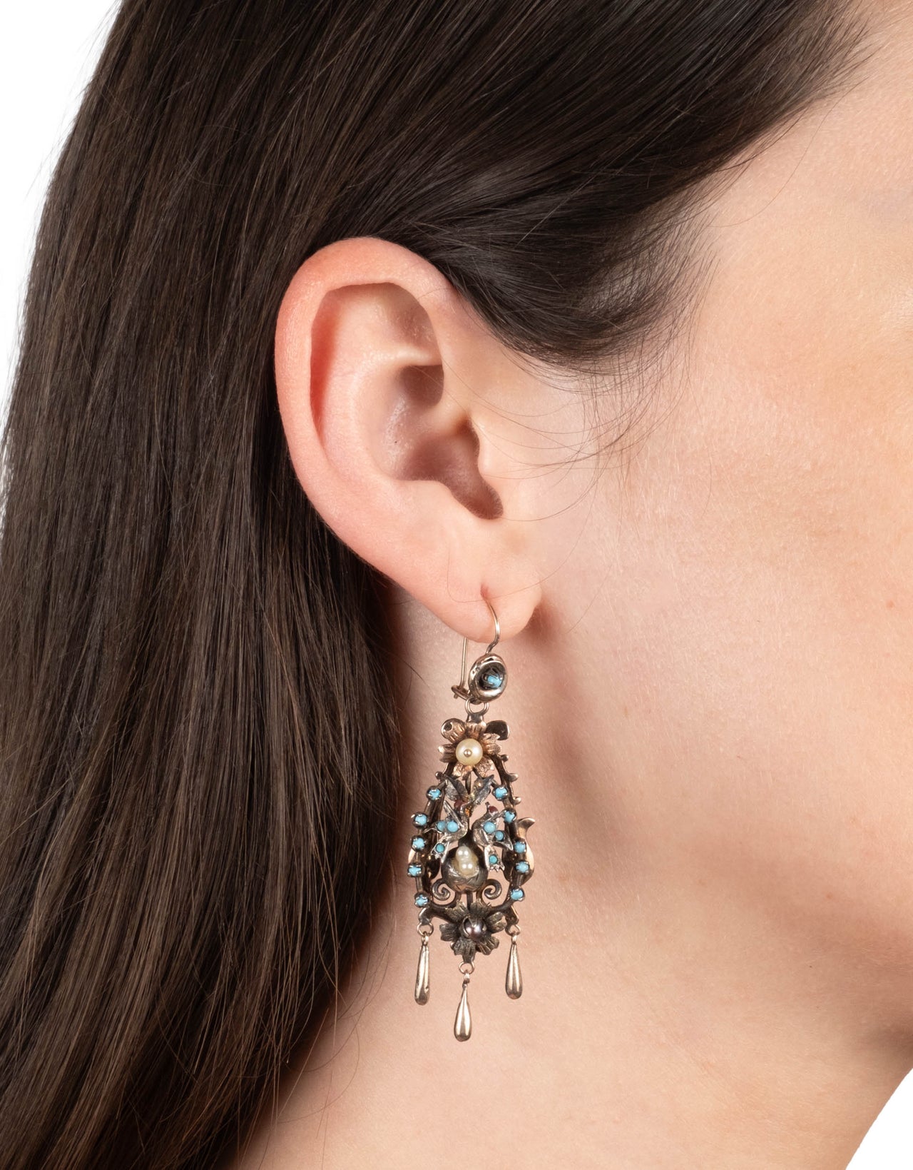 Antique 1800s 8k Gold & Sterling Silver Birds Nest with Persian Turquoise & Natural Pearl Wire Earring - Photo 2