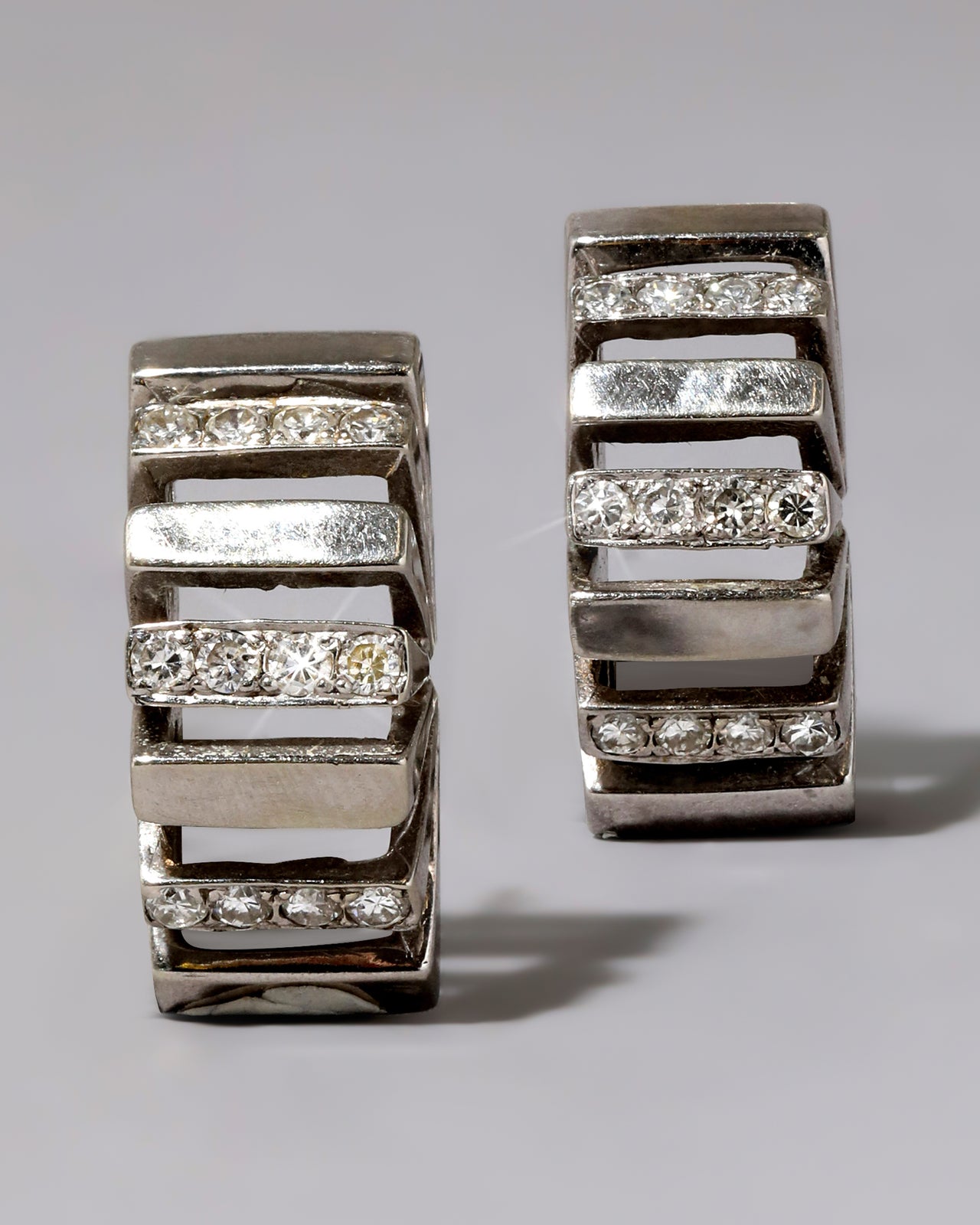 Vintage 14k White Gold and Diamond Demilune Post Earring - Photo 2