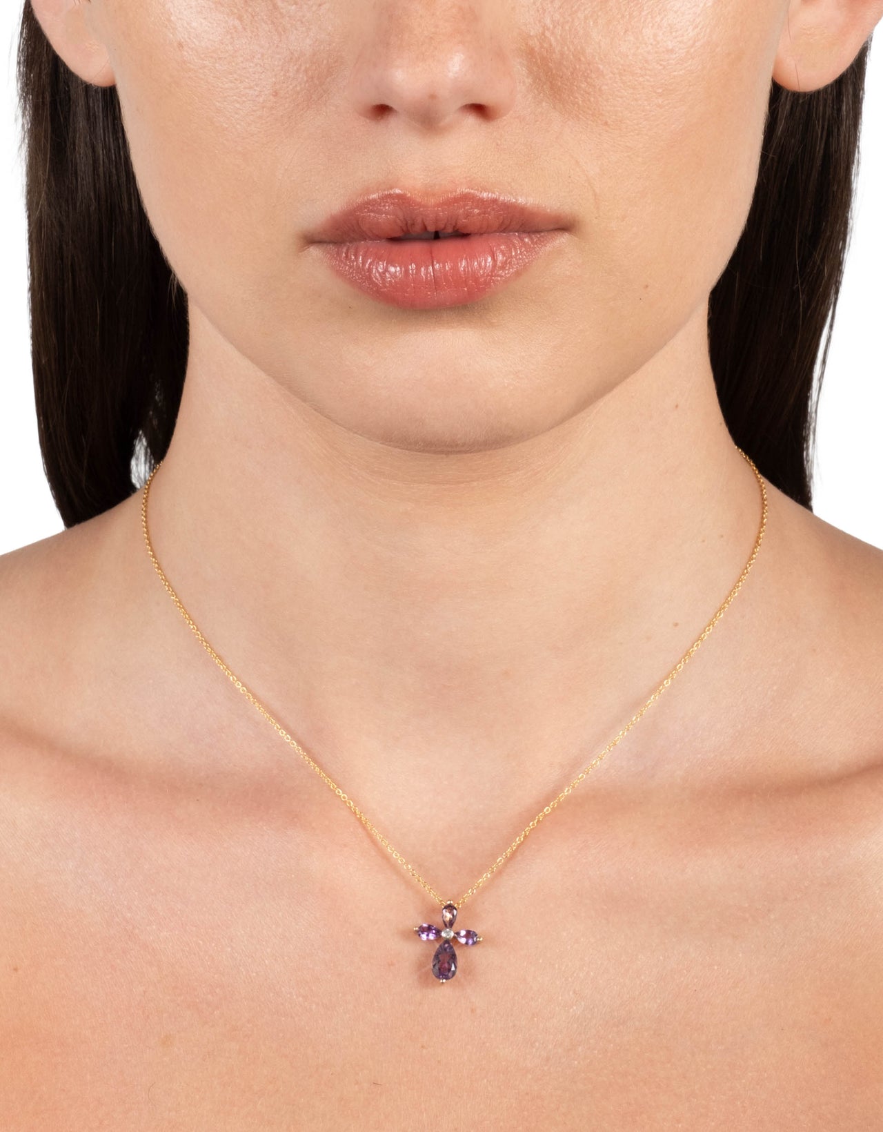 Vintage 1980s 10k Gold Pear Cut Amethyst Cross with Diamond Center Pendant Necklace - Photo 2
