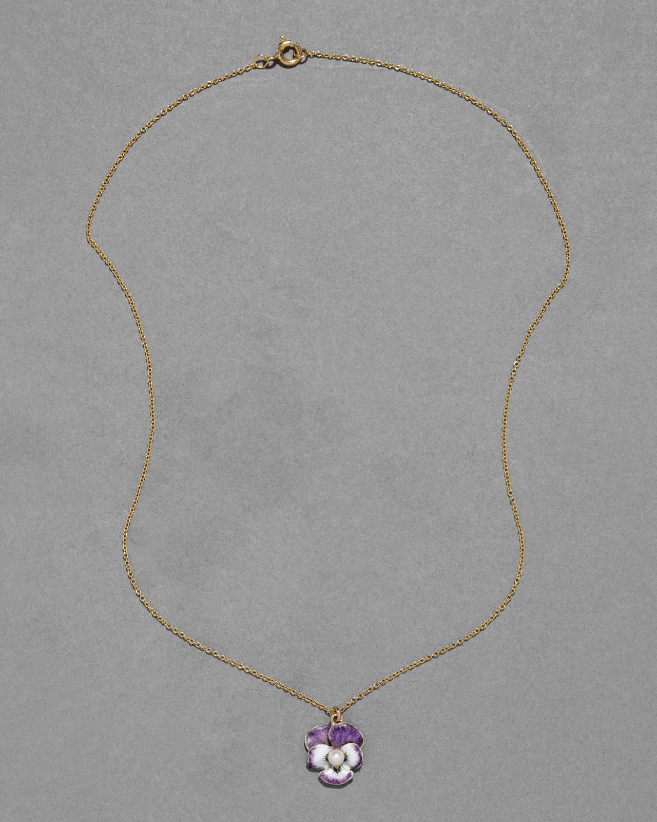 Antique Victorian 1800s 14k Gold Hand Painted Enamel Pansy with Natural Pearl Pendant Necklace - Photo 2
