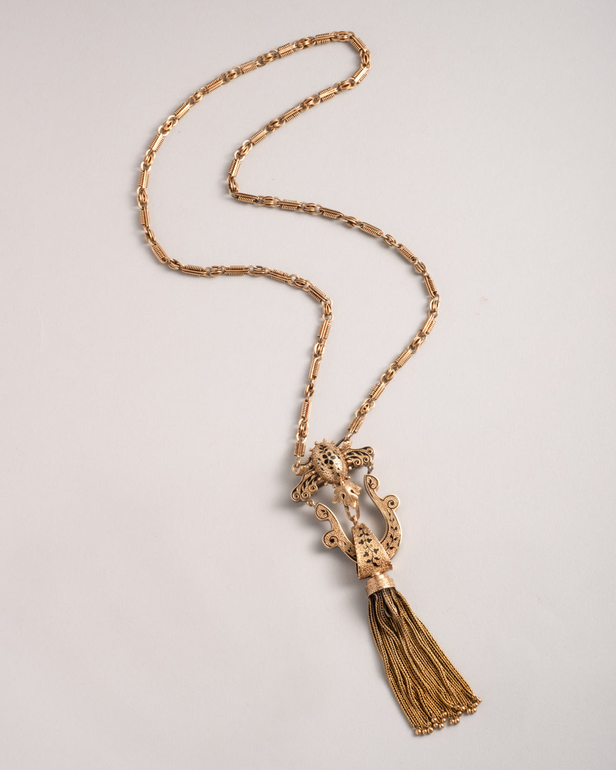 Antique Victorian 1800s 14k Gold & Black Enamel Handmade Tassel Pendant Necklace - Photo 2
