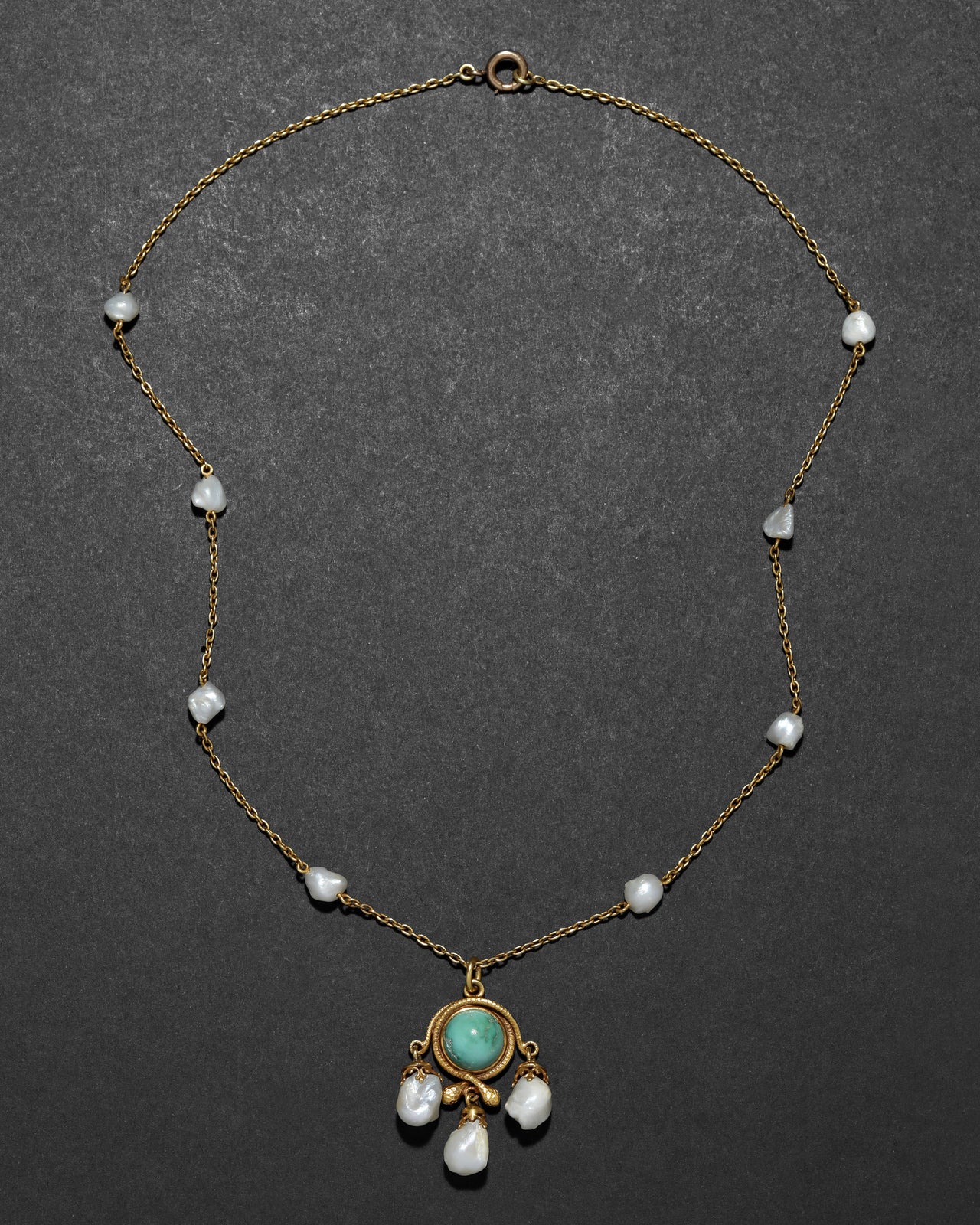 Antique 1800s 14k Gold with Natural Pearl & Turquoise Pendant on Snake Chain Necklace - Photo 2