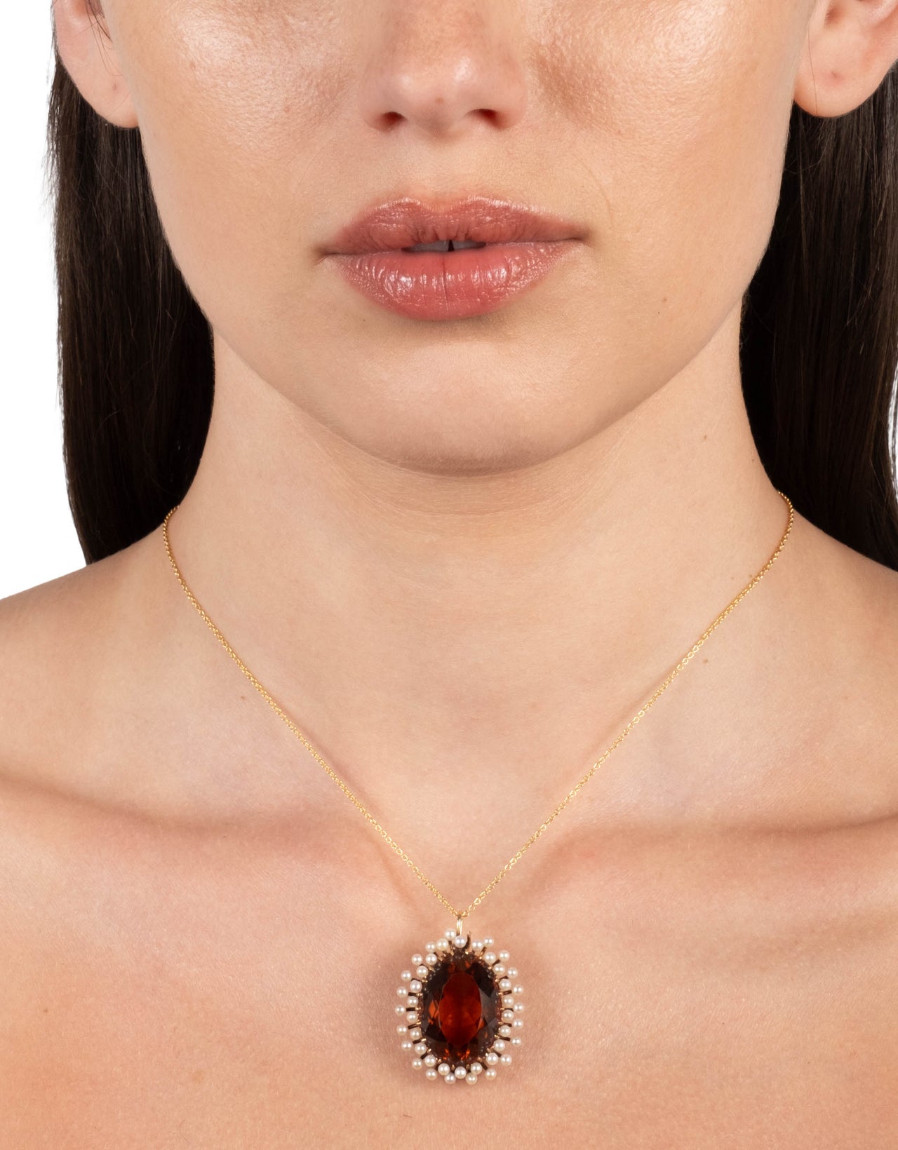 Antique 1890s 14k Gold & Madiera Citrine with Natural Pearl Halo Pendant Necklace - Photo 2