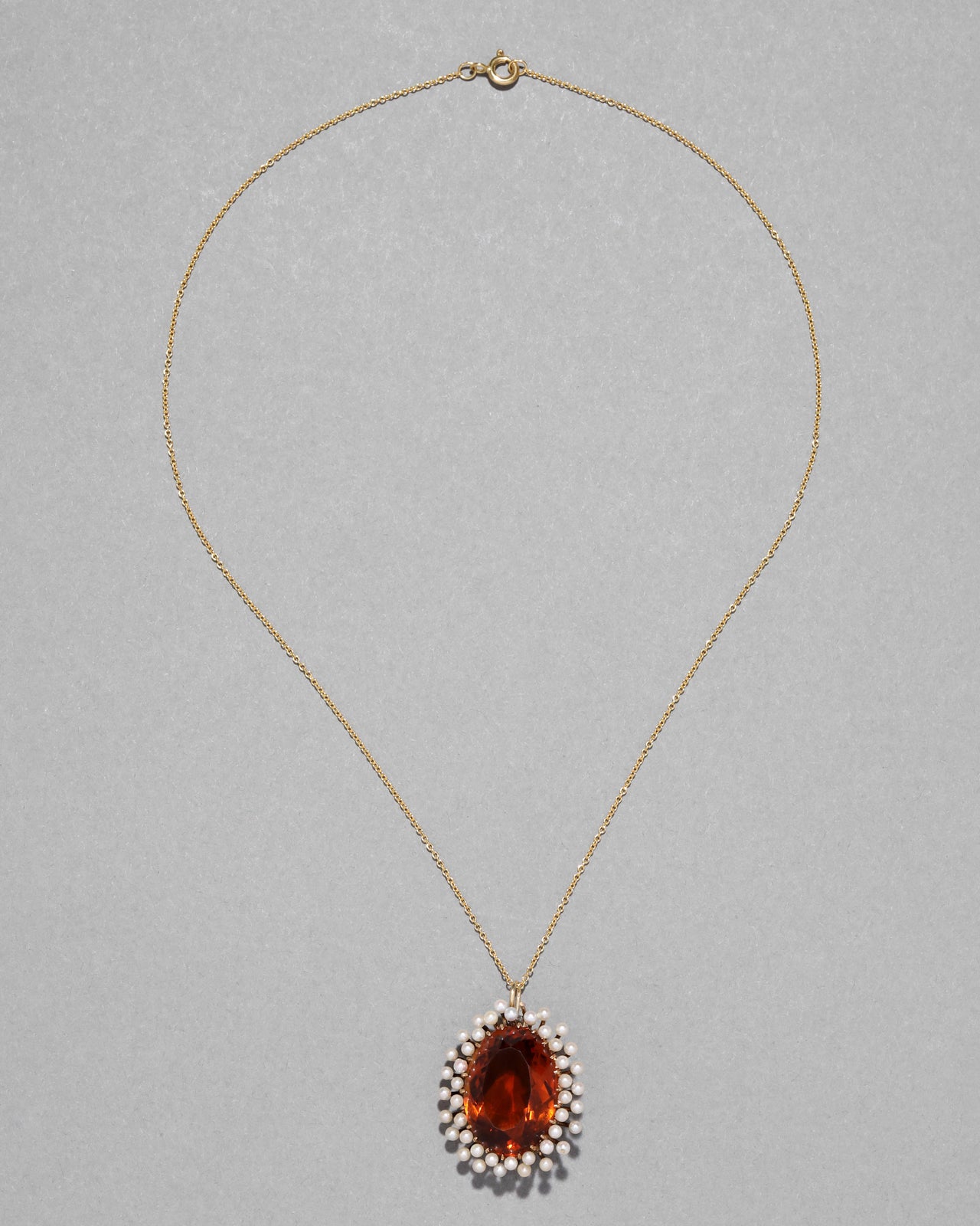 Antique 1890s 14k Gold & Madiera Citrine with Natural Pearl Halo Pendant Necklace - Photo 2