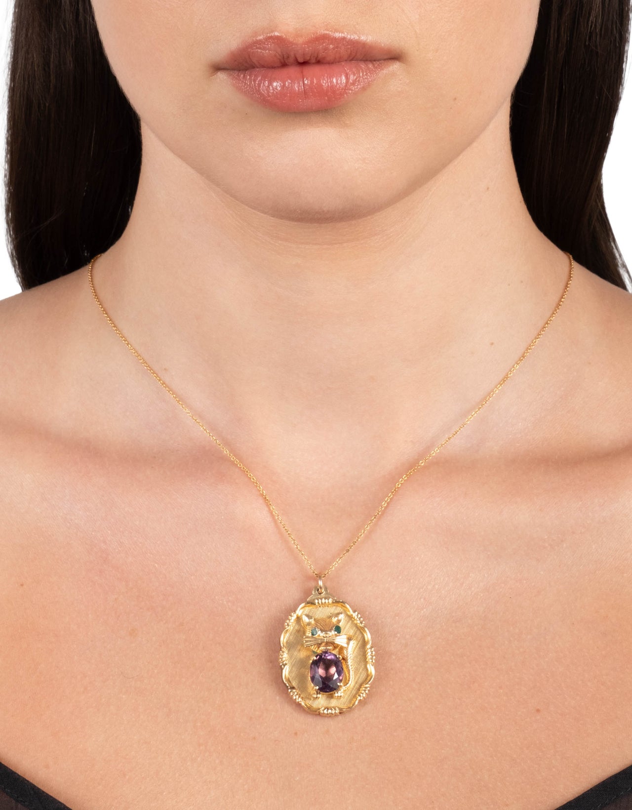 Vintage 1980s 14k Gold with Emerald & Faceted Amethyst Kitschy Cat Pendant Necklace - Photo 2