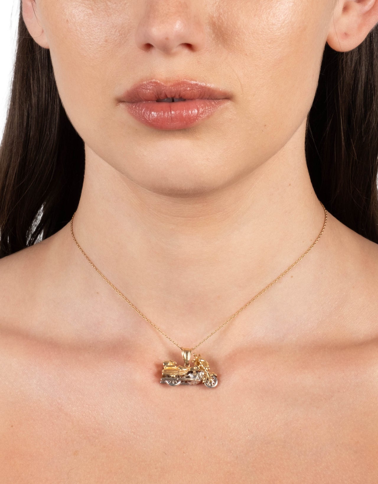 Vintage 1970s 14k Two Tone Gold Articulated Motorcycle Pendant Necklace - Photo 2