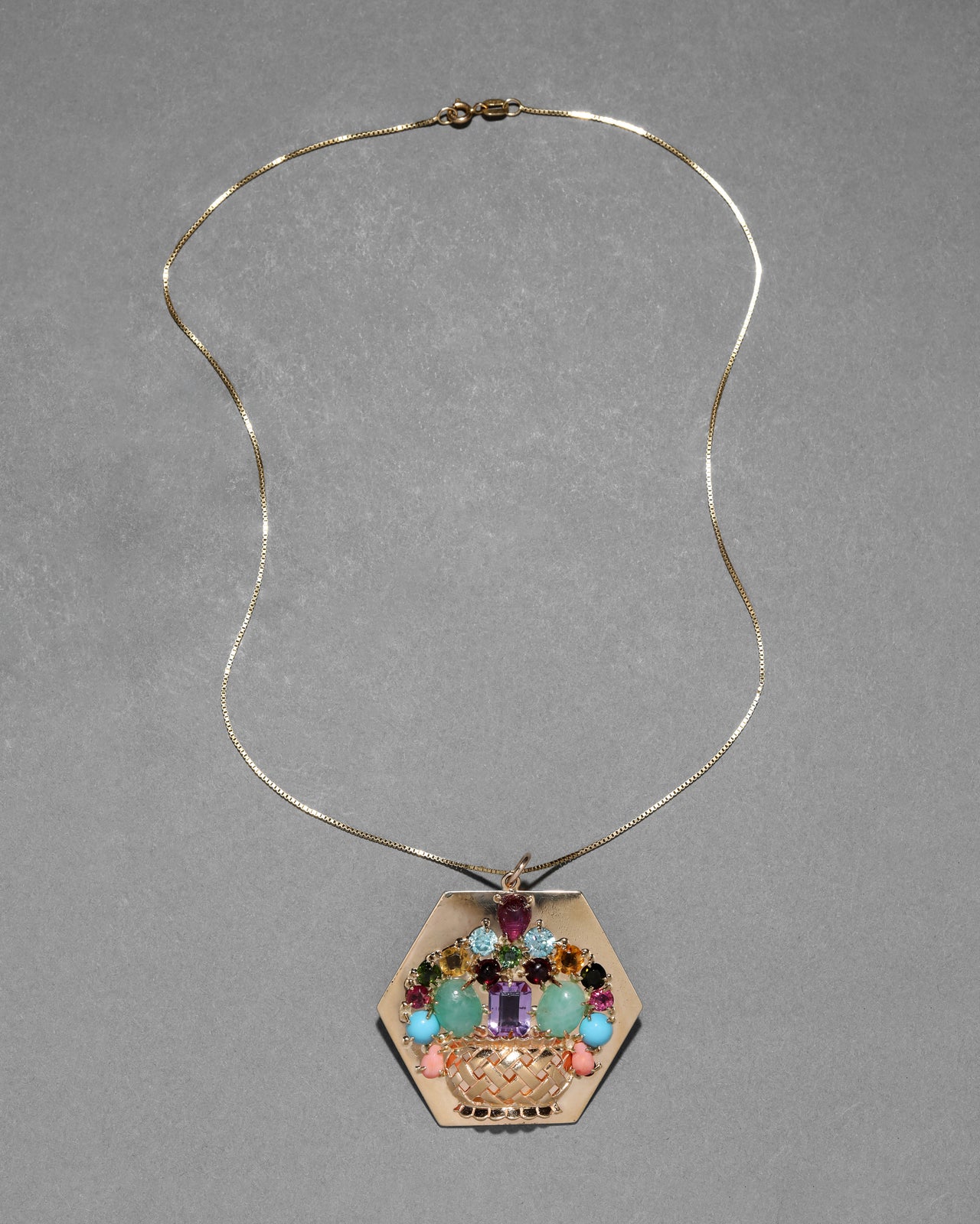 Vintage 1940s 14k Gold Gemstone Basket Necklace - Photo 2