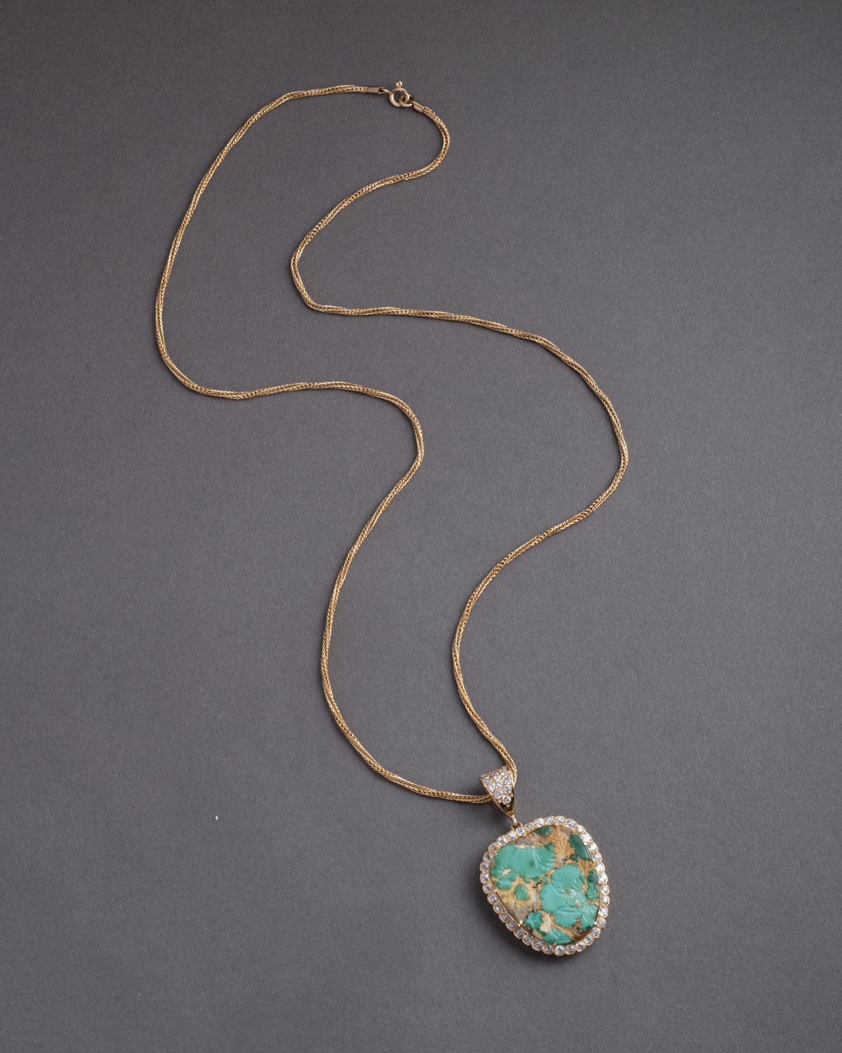 Antique 1870s 14k Gold with 1600s Hand Carved Turquoise Antiquity & Diamond Pendant Necklace - Photo 2