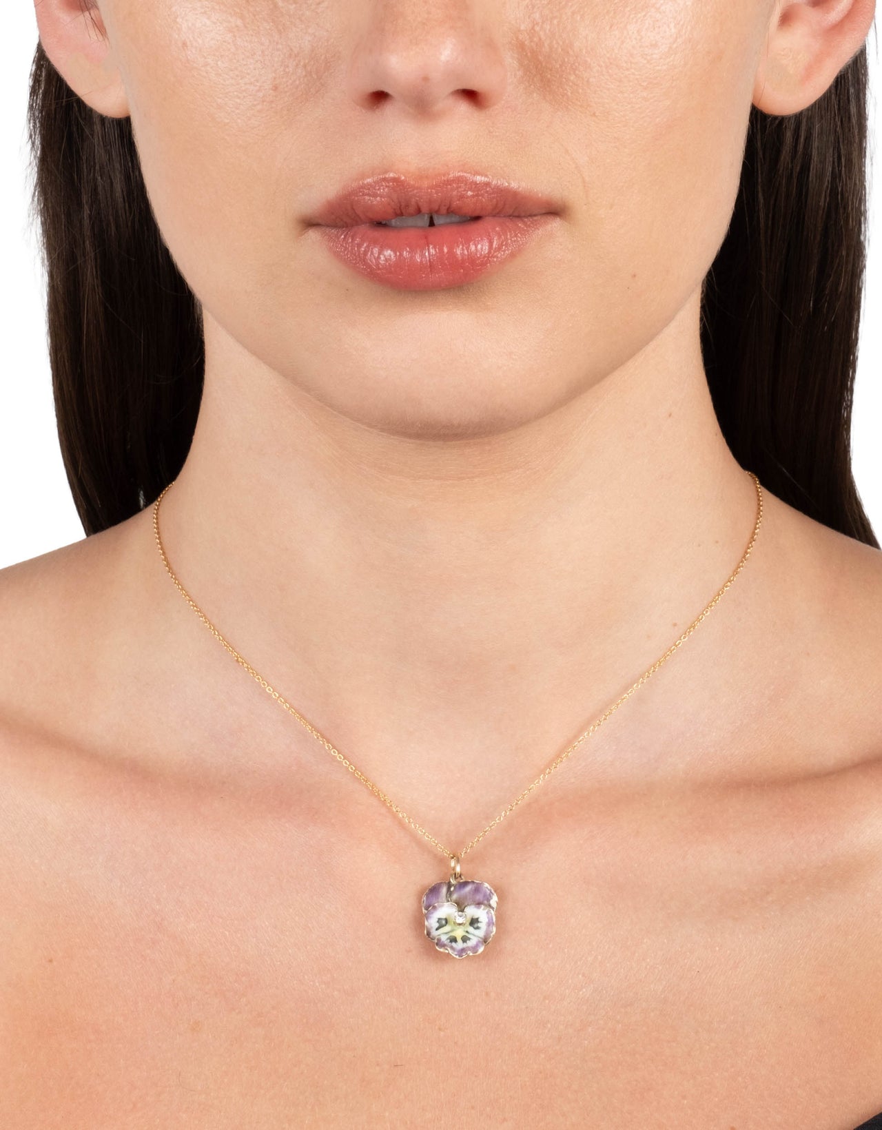 Antique 1800s 14k Gold Handmade Enamel Pansy with Diamond Pendant Necklace - Photo 2