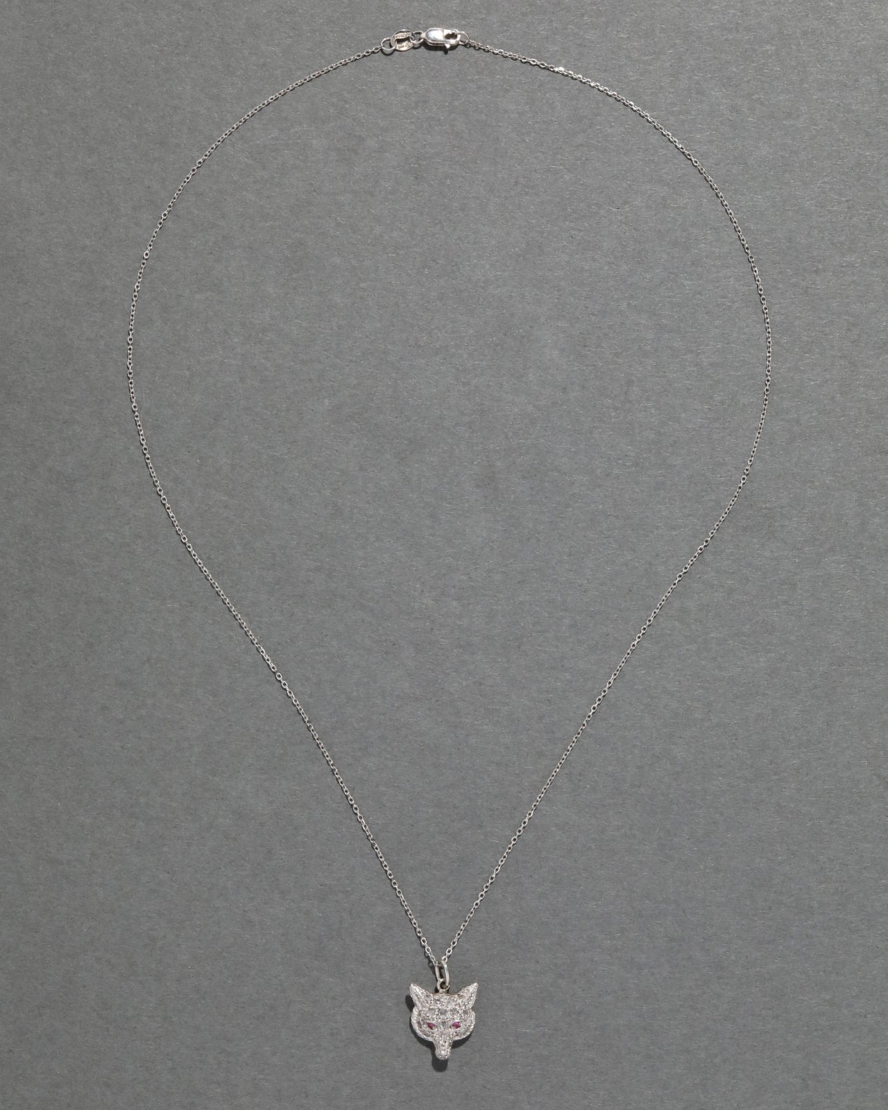 Antique 1920s Platinum Fox Head with Diamond and Rubies Pendant Necklace - Photo 2