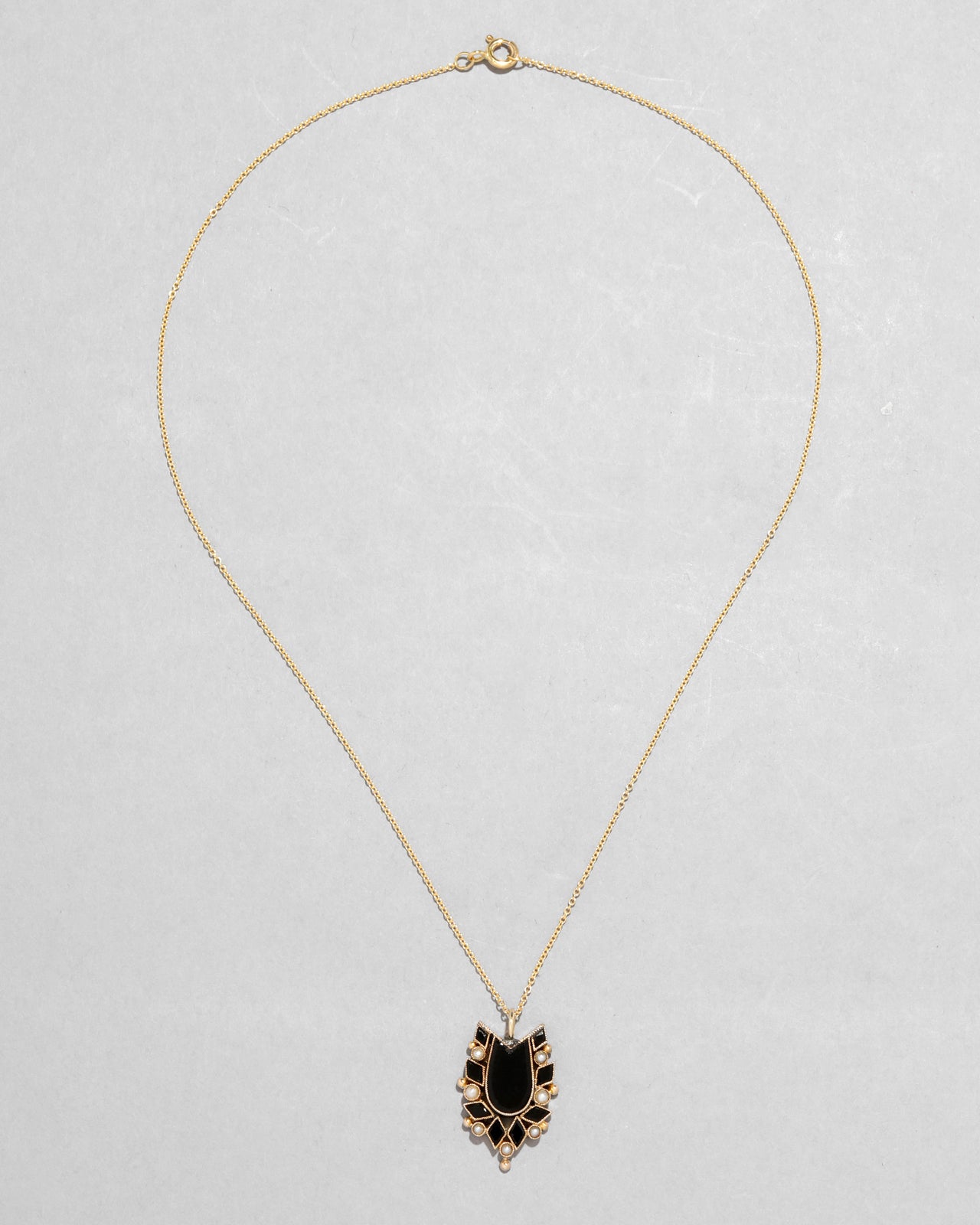 Antique Victorian 1800s 10k Gold Ornate Onyx & Pearl Pendant Necklace - Photo 2