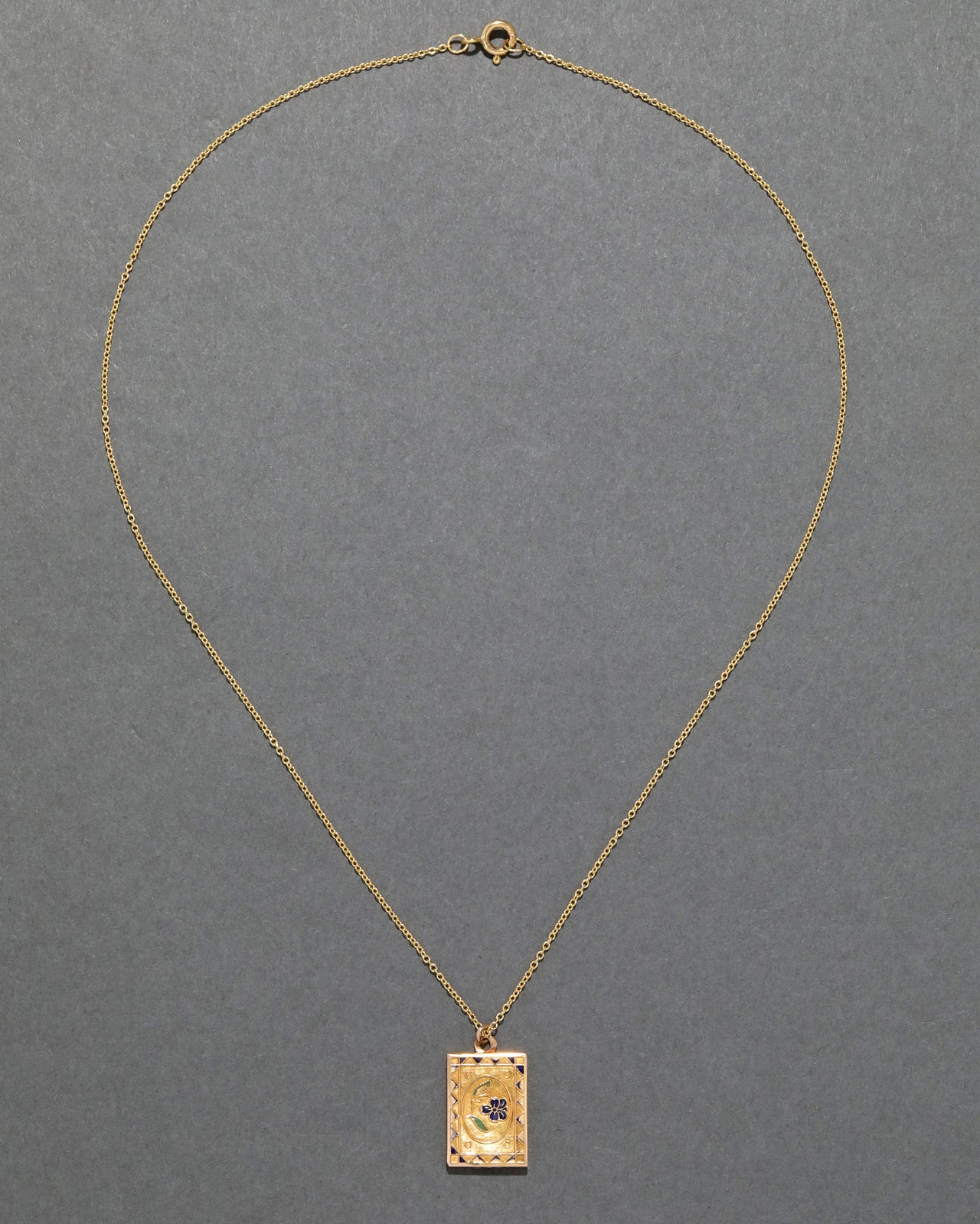 Antique 1920s 18k Gold & Enamel Double Sided Floral Pattern Pendant Necklace - Photo 2
