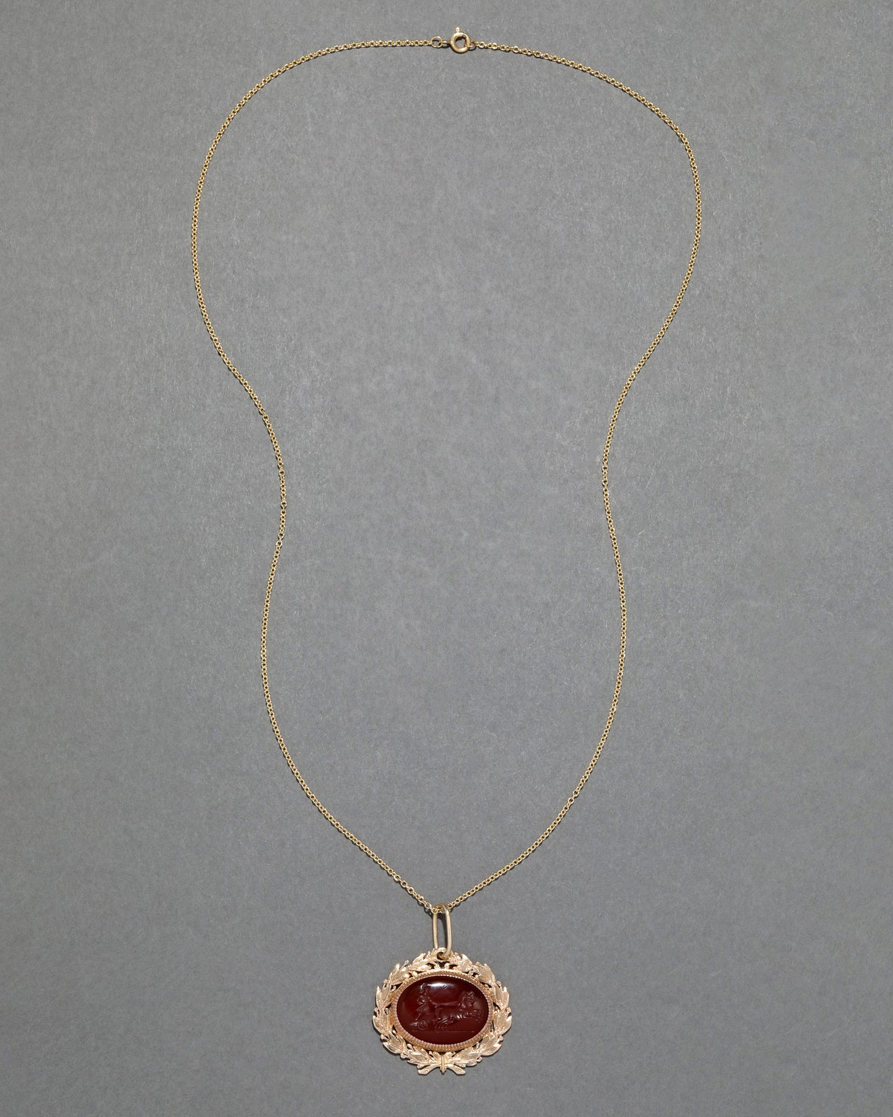 Antique 1800s 14k Gold & Carnelian Italian Intaglio Chariot Pendant Necklace - Photo 2
