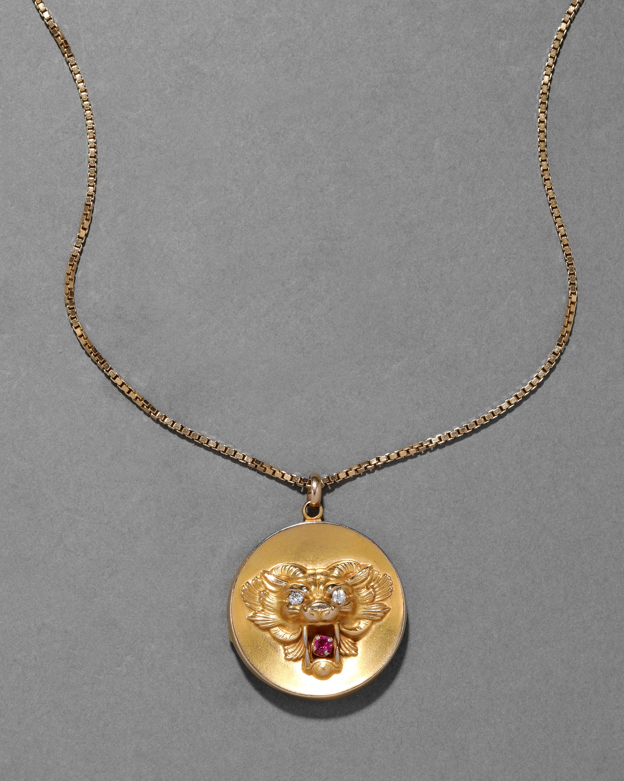 Antique Early 1900s 14k Gold Art Nouveau Fantasy Creature with Diamond & Ruby Necklace - Photo 2