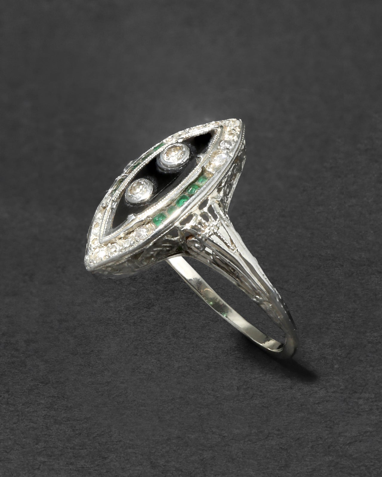 Antique 1910s 14k White Gold with Diamond, Emerald & Onyx Marquis Ring - Photo 2