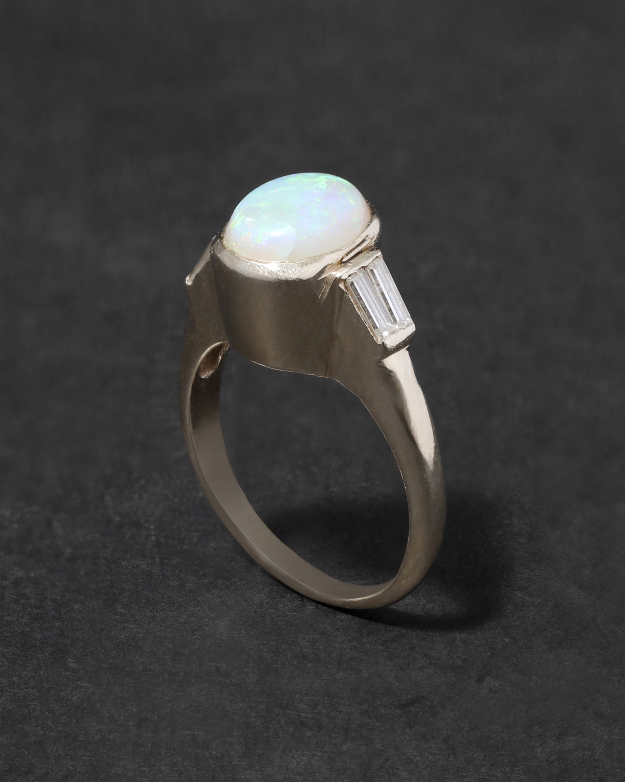 Vintage 1950s 14k Gold Modernist High Prong Set Opal with Diamond Baguette Ring - Photo 2