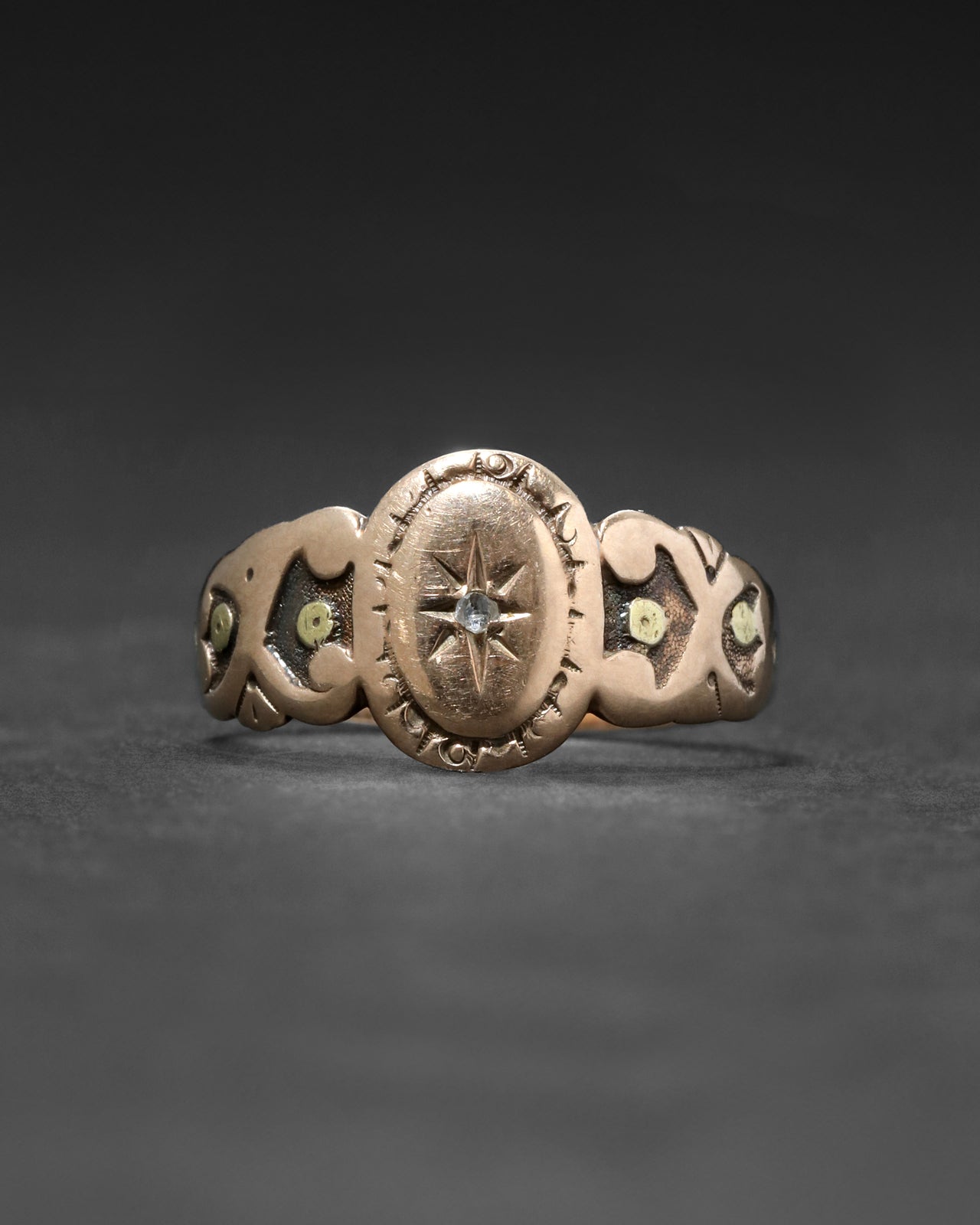 Antique 1800s 10k Yellow & Rose Gold Signet Ring with Diamond Star Motif - Photo 2