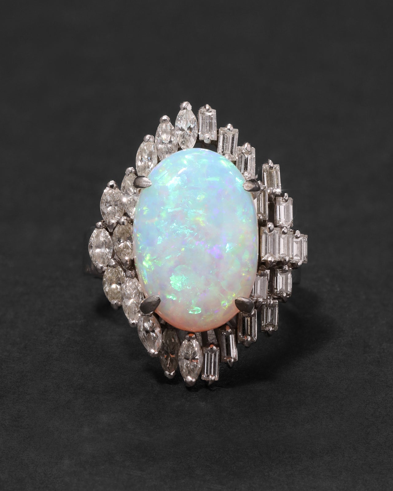 Vintage 1950s 18k White Gold with Natural Opal & Baguette & Marquis Diamond Halo Modernist Design Ring - Photo 2