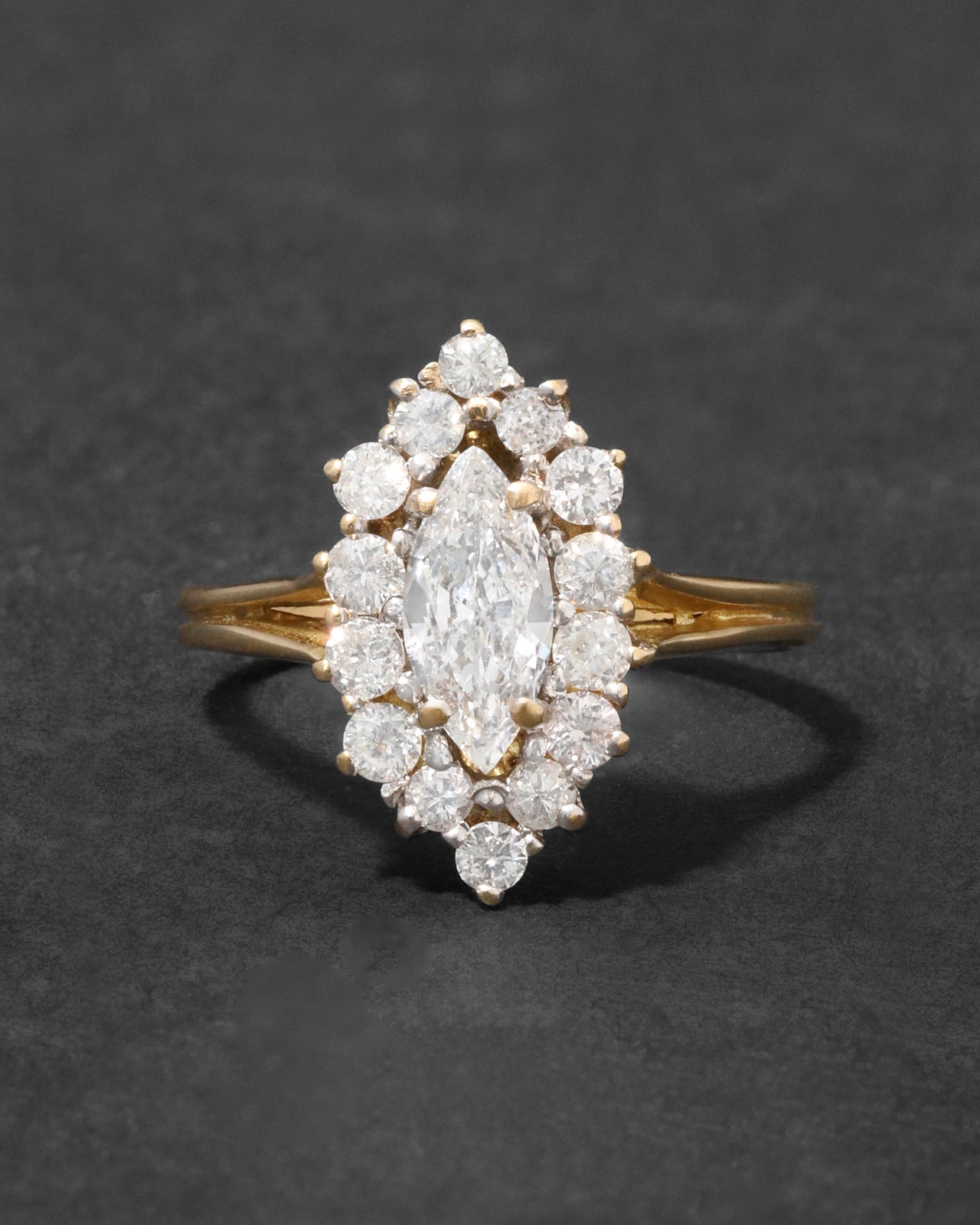 Antique 1910s 14k Gold with Natural Diamond Halo Marquis Ring - Photo 2