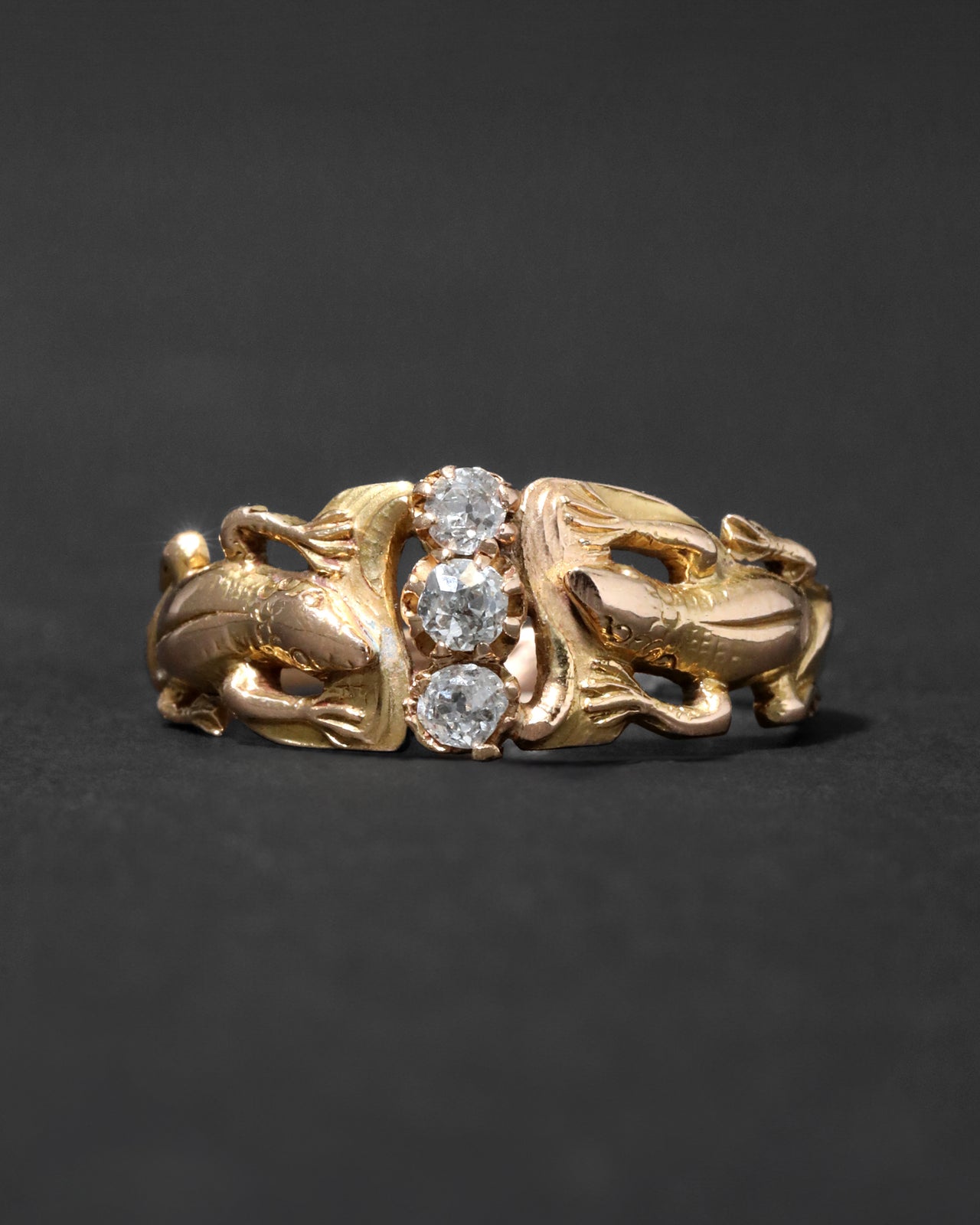 Antique Victorian 1800s 14k Gold with Diamond Center Salamander Ring - Photo 2