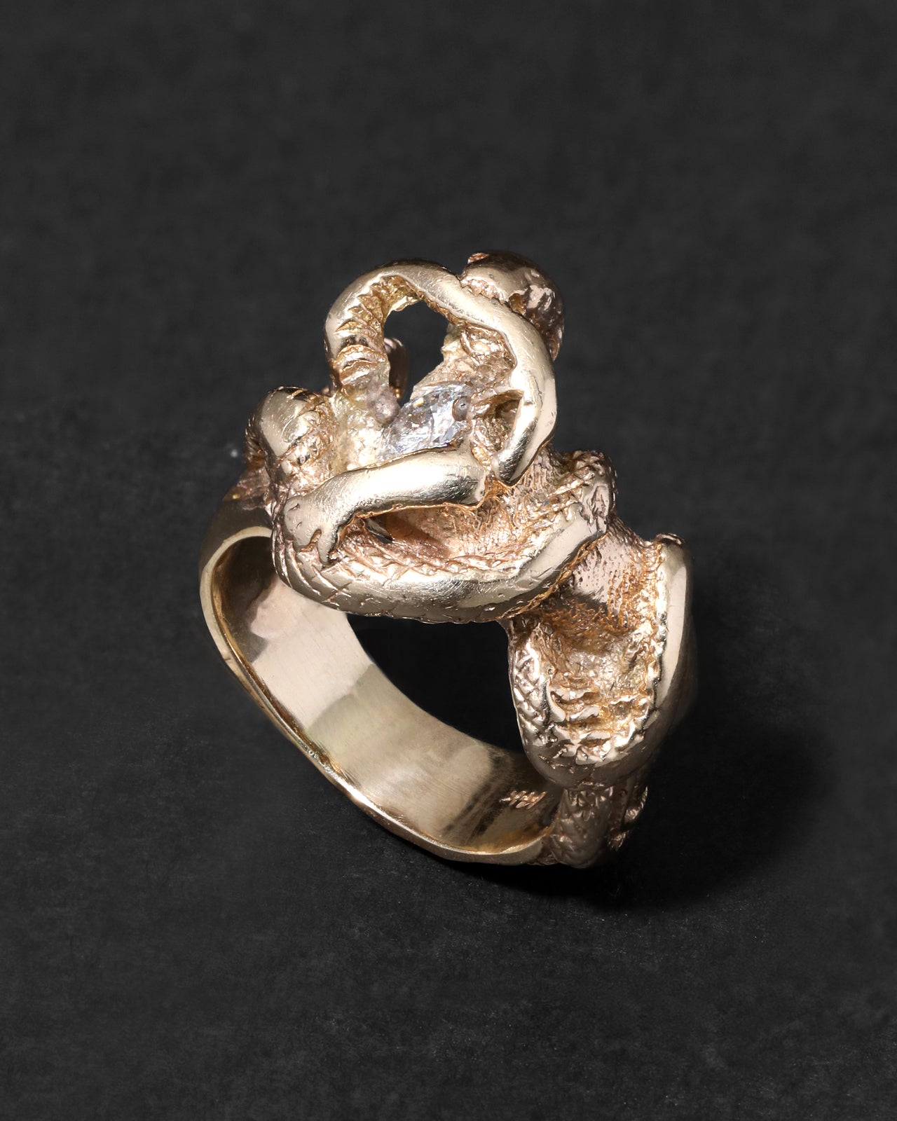 Vintage 1970s 14k Gold Handmade Cobra Coiled Around Diamond Ring - Photo 2
