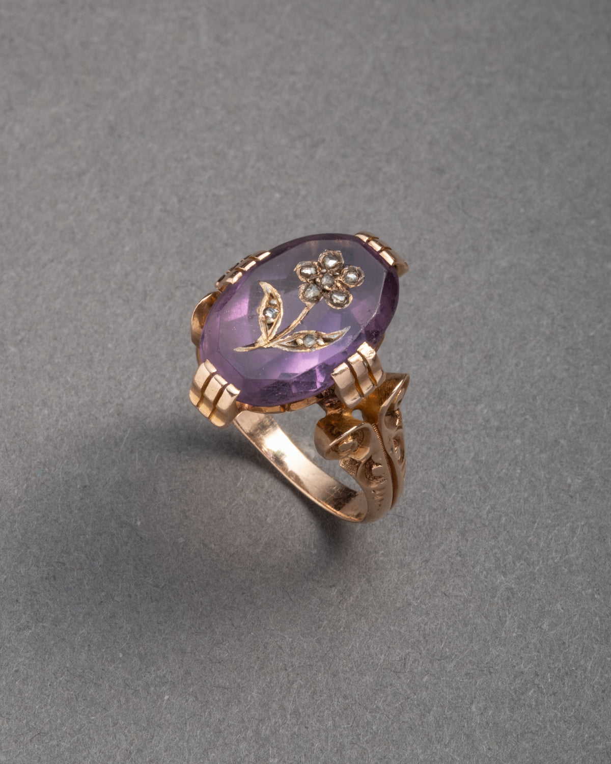 Antique Victorian 1800s 14k Gold Amethyst & Inlaid Diamond Ring - Photo 2