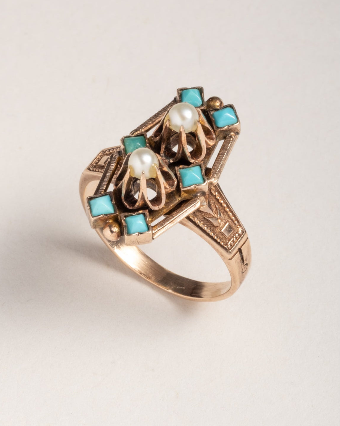 Antique 1800s 14k Gold Iranian Turquoise & Natural Pearl Hand-Etched Child's Ring - Photo 2