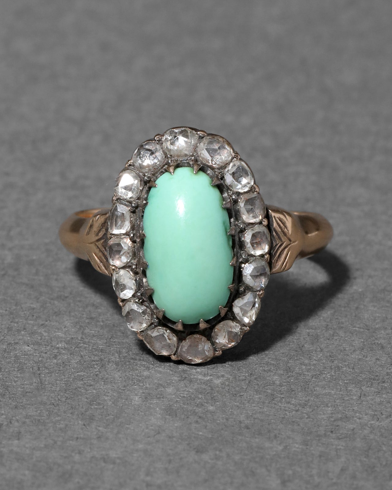 Antique 1800s 14k Gold with Turquoise Surrounded by Diamond Halo Ring - Photo 2