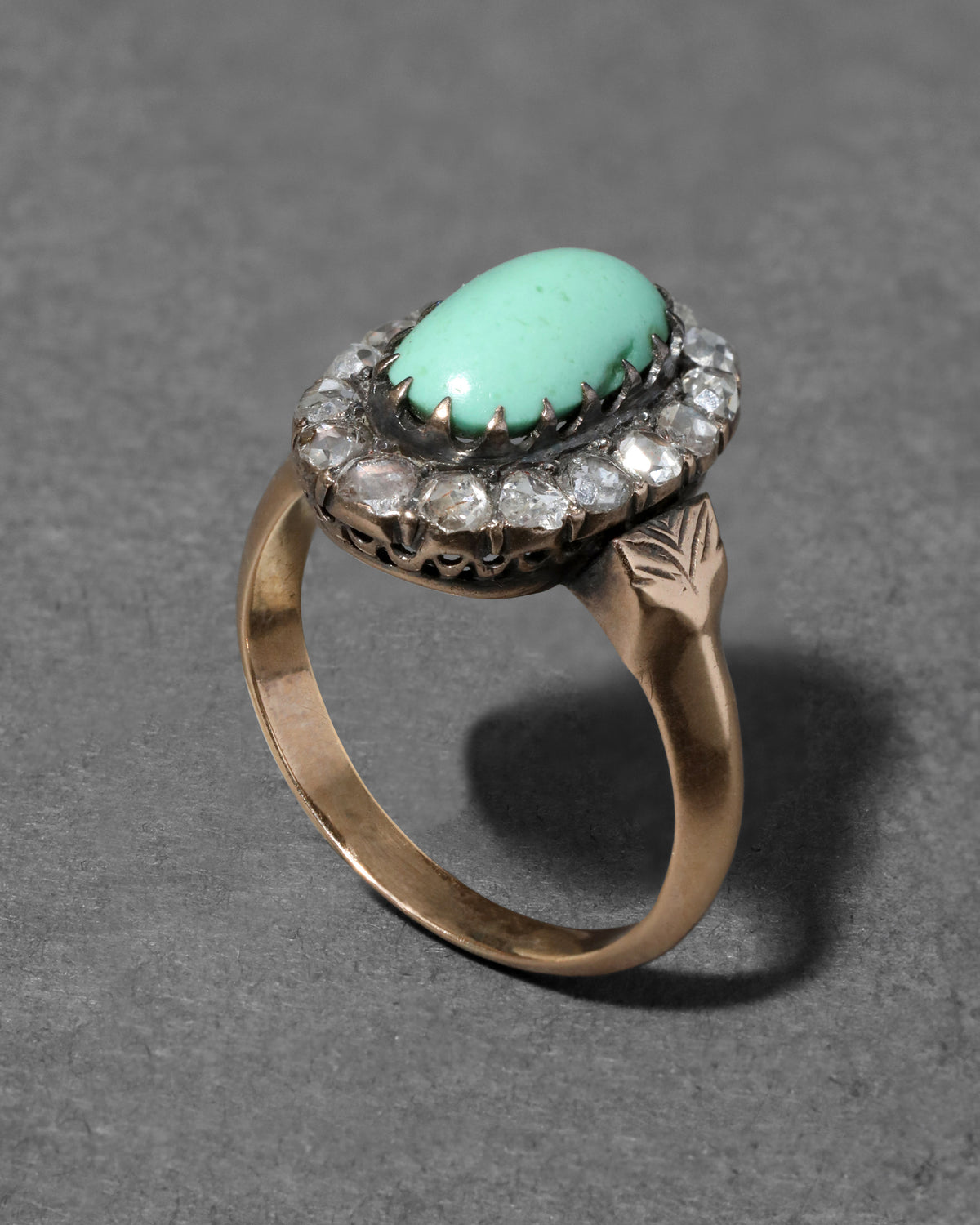 Antique 1800s 14k Gold with Turquoise Surrounded by Diamond Halo Ring - Photo 2