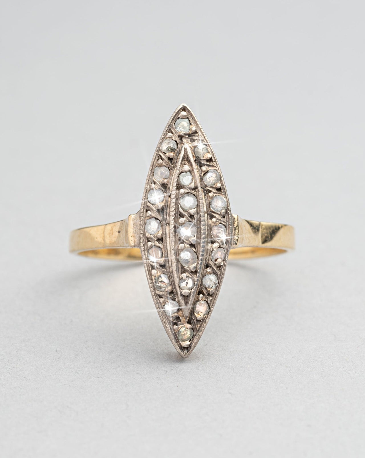 Antique 14k White and Yellow Gold Diamond Navette Ring - Photo 2