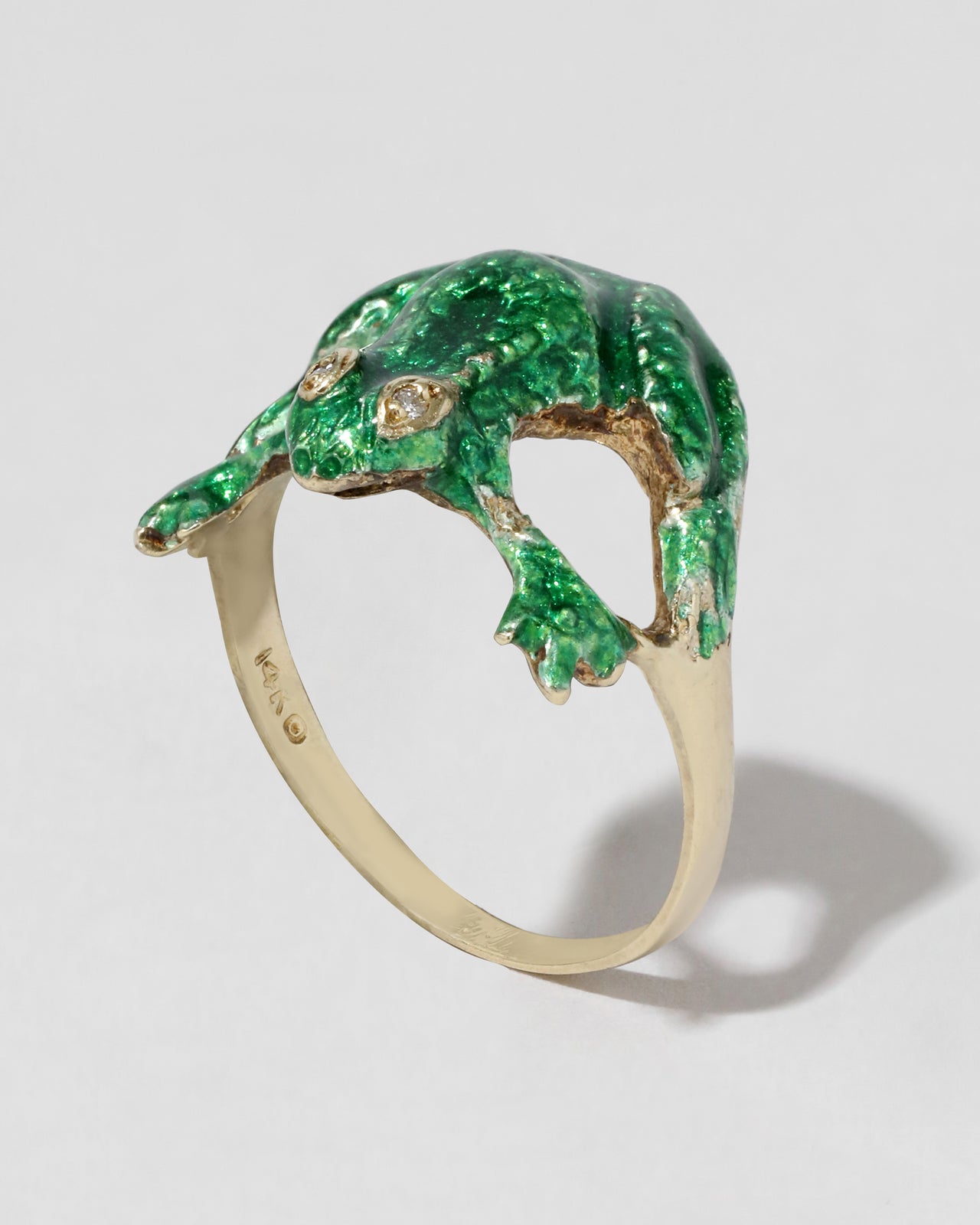 Vintage 1940s 14k Gold with Green Enamel & Diamond Frog Ring - Photo 2