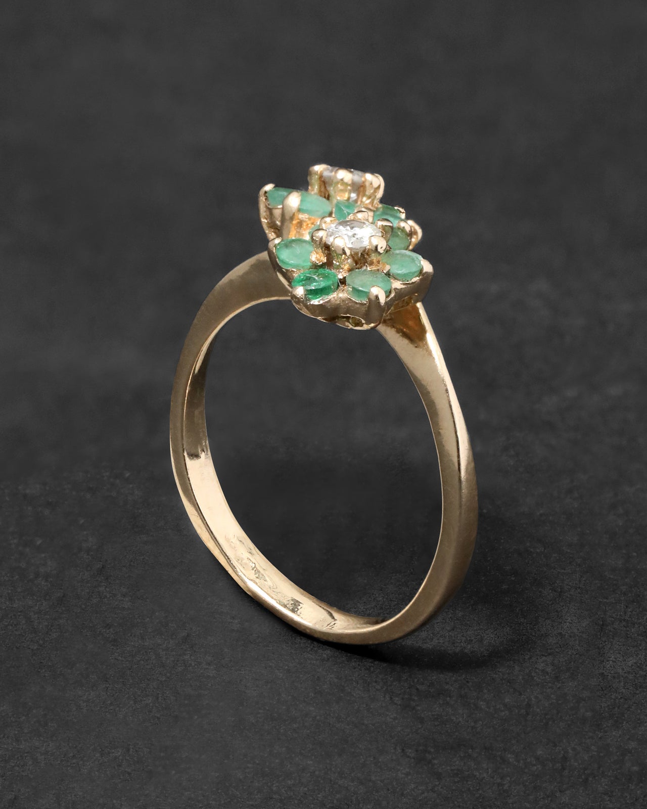 Vintage 1960s 14k Gold with Stacked Diamond & Emerald Flower Ring - Photo 2