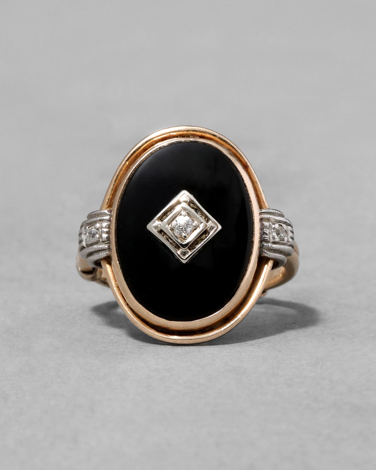 Antique 1910s 14k Two Tone Gold with Diamond & Onyx Ring - Photo 2
