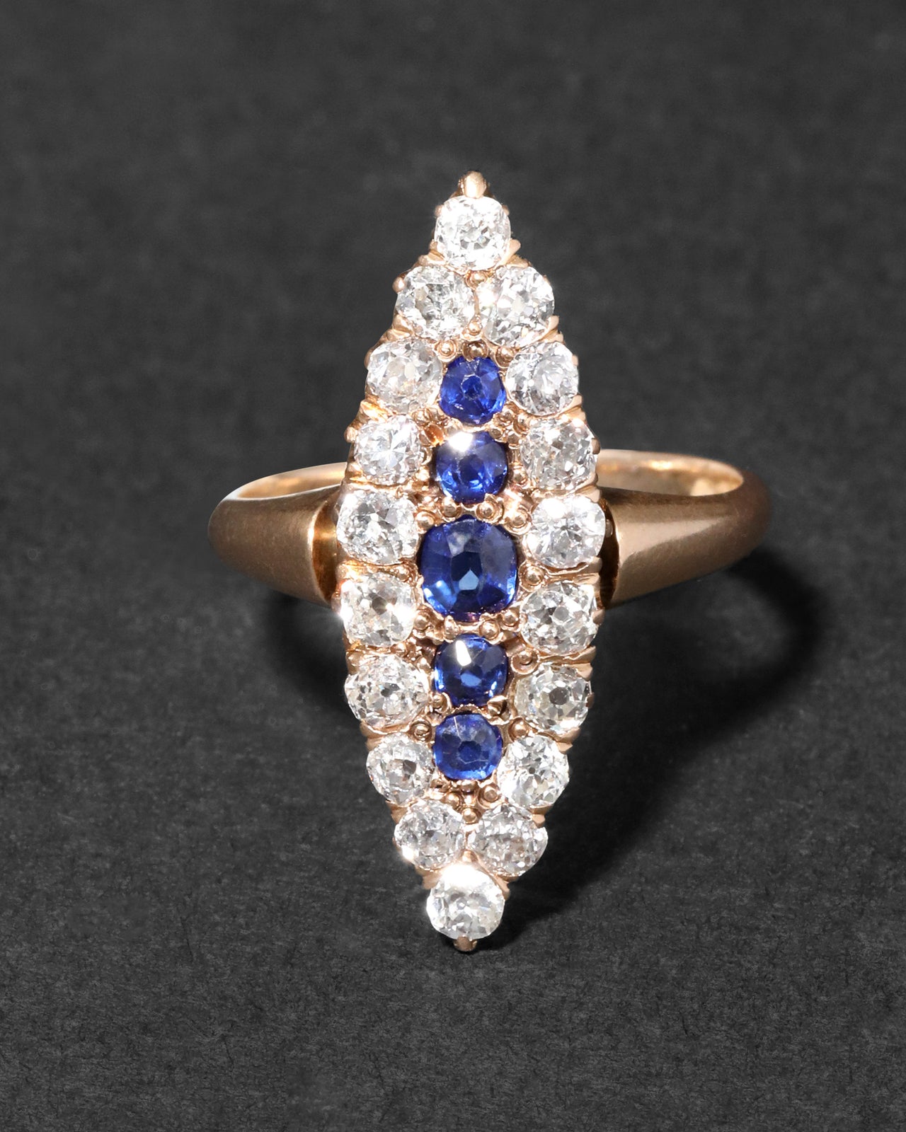 Antique Victorian Late 1800s 14k Gold with Sapphire & Diamond Marquis Ring - Photo 2